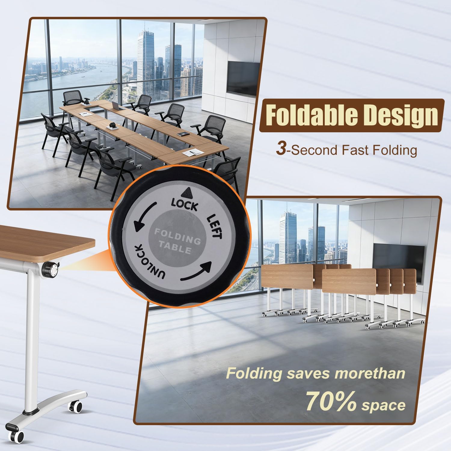 Folding Conference Table, Conference Room Tables with Silent Wheels,Modern Rectangle Training Table with Flip Top,Seminar Conference Table for Office Boardroom Classroom