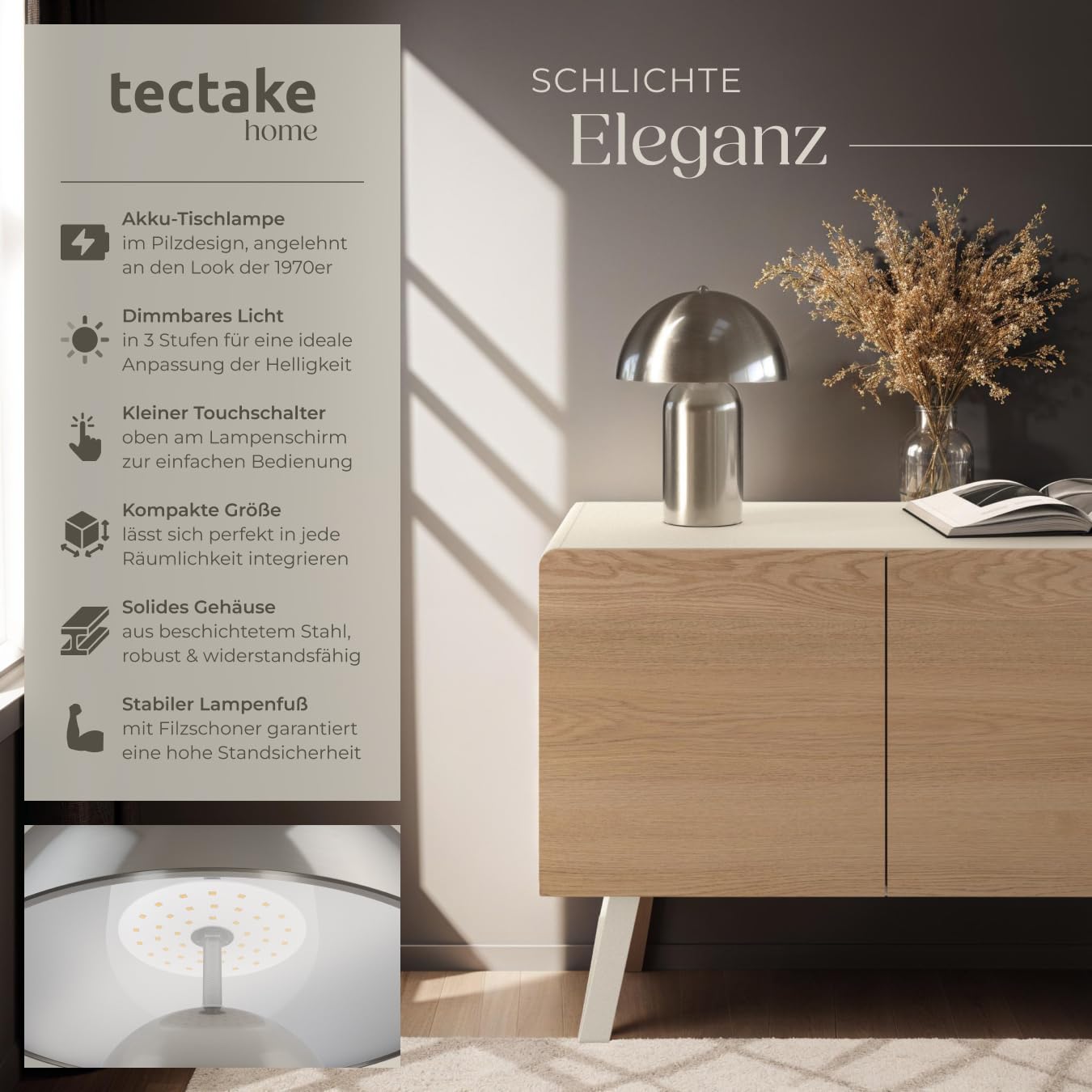 tectake® Tischlampe Vintage Pilzform, Pilzlampe Dekolampe, Tischleuchte, Leselampe, Nachtlicht, Lampe Wohnzimmer, Table Lamp, kleine Lampe, Tischlampe retro, kabellos- Nickel matt