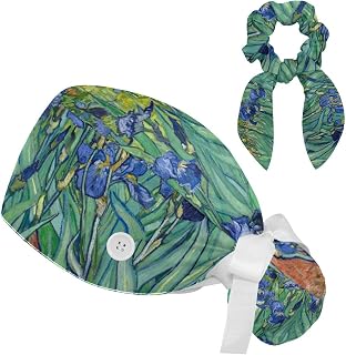 FVQL 2 Pieces Surgical Cap for Long Hair Scrub Cap with Hairband Nurse Cap, Floral Orchid Flower