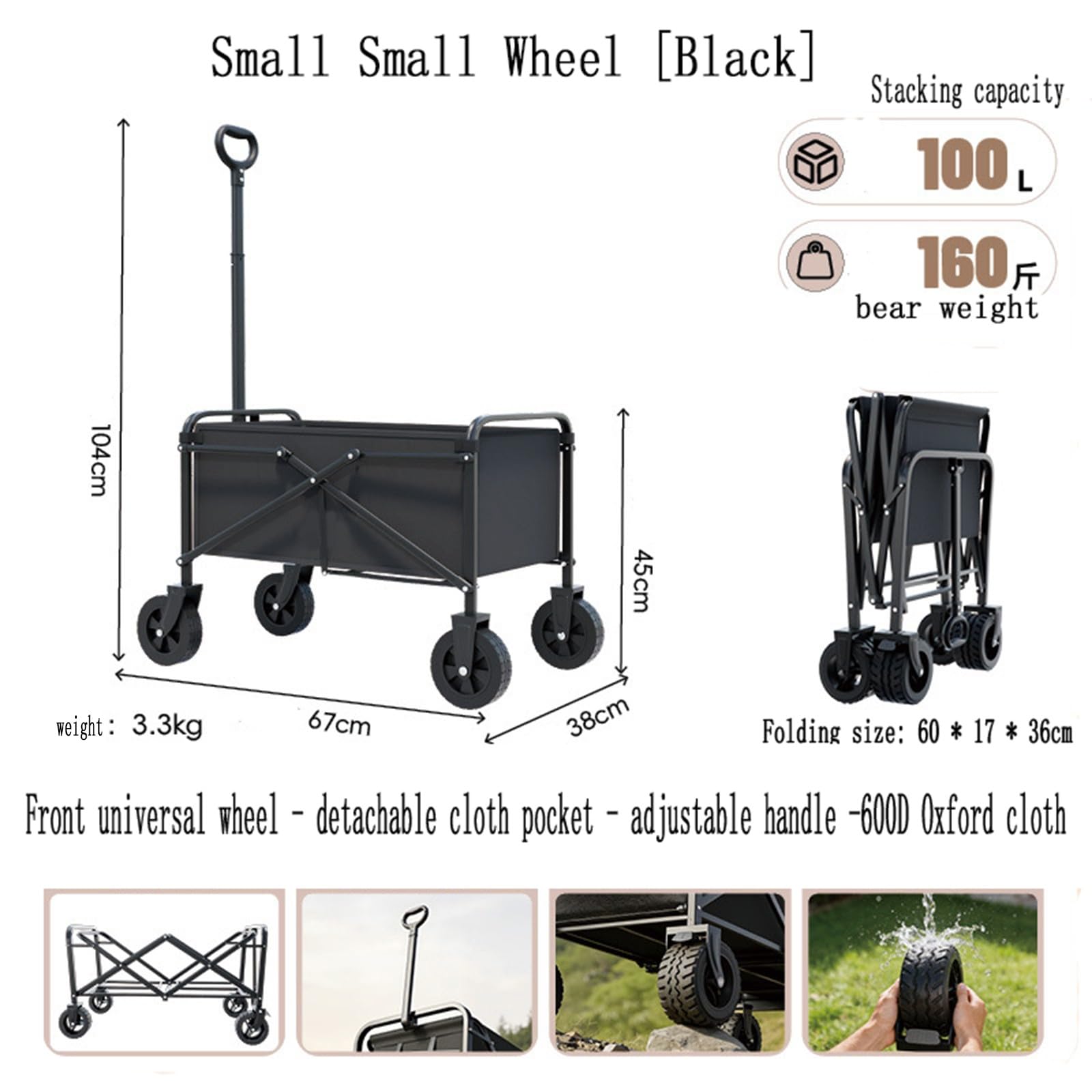 Carrello da Spiaggia Pieghevole Carrello da Giardino Portatutto con Ruote per Ogni Tipo di Terreno Braccioli Regolabili Ruote Rimovibili e Sacchetti per Tazze per Campeggio B