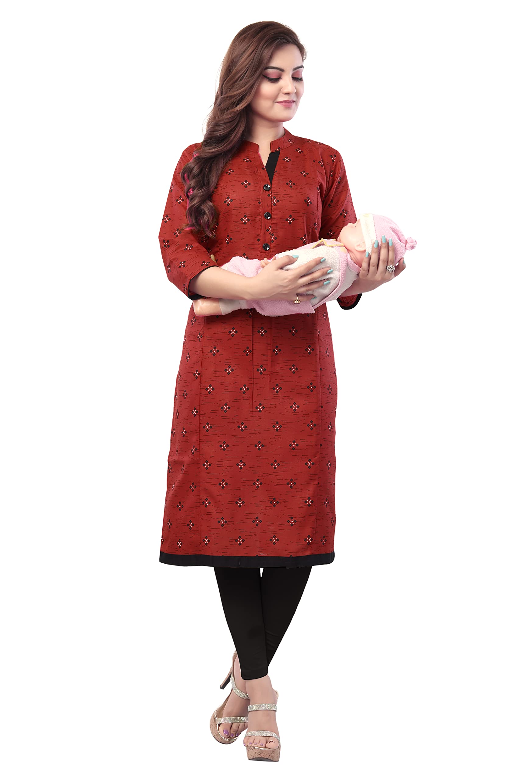 B2F Women's Printed Cotton Straight Maternity Kurti with Zipper, Feeding Kurta for Pre and Post Pregnancy