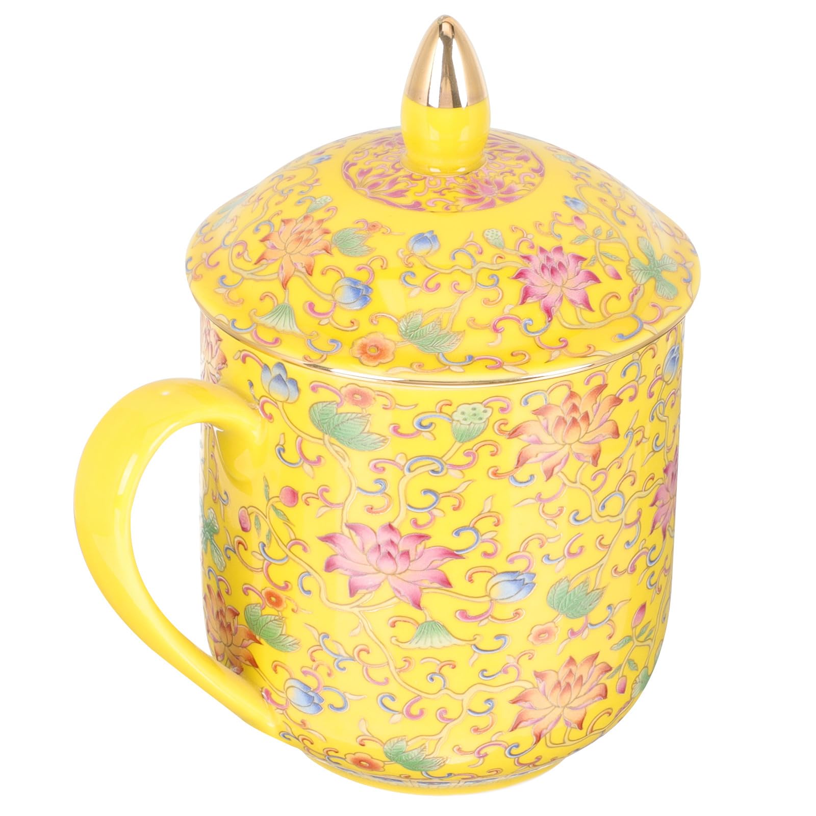 KICHOUSE Keramiktasse mit Deckel und Sieb Klassische Chinesische Teetasse aus Gelb Keramik Geeignet für Teezeremonie und Teestube Stilvoll und Retro Gestaltet