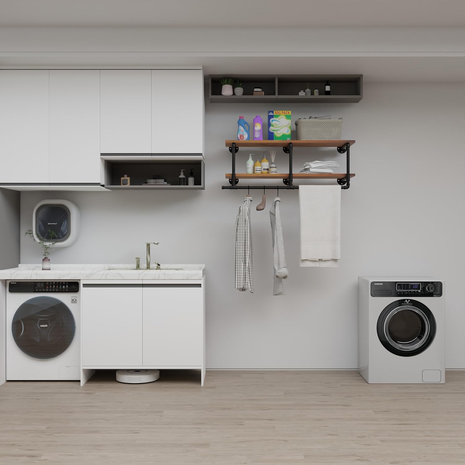 Wall Mounted Clothes Rack 12 Inch Deep, 42in Heavy Duty Garment Rack with Real Black Wood Shelf, Multi-Purpose Hanging Rod & Space-Saving Closet Storage Organizer