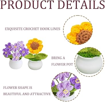 2 PCS Crochet Flowers Set, Crochet Plant Sunflower and Purple Forget Me Not, Delicate Crocheted Flowers, Suitable as a Commemorative Birthday Gift for Women and Girls Sunflower Gifts