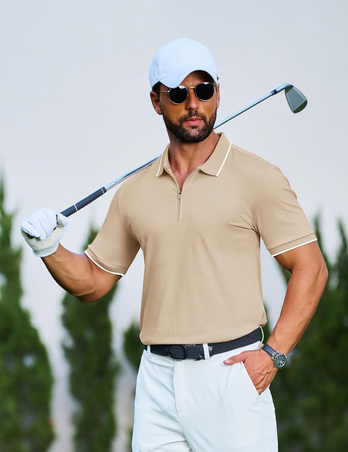 Cotrasen Mens Zipper Polo Shirts Short Sleeve Dual Tipped Collar Golf Shirts Fashion Textured Slim Fit T-Shirts - Image 6