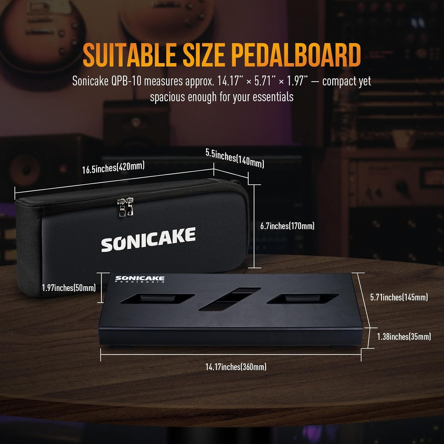 SONICAKE 14" Mini Guitar Pedal Board, Guitar Effects Compact Aluminum Alloy Small Pedalboard 14.2"x 5.7" with Carry Bag, Included Pedals Mountain Tape, Cable Tie & Patch Cables (S Pedal with Bag)