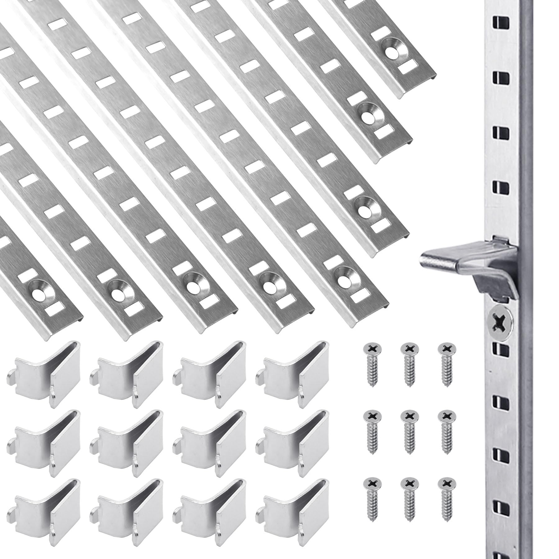 Paquete de 20 rieles de metal para estante Pilaster con clips de soporte ajustables y tornillos de montaje para gabinete, almacenamiento de estantes, 17 pulgadas