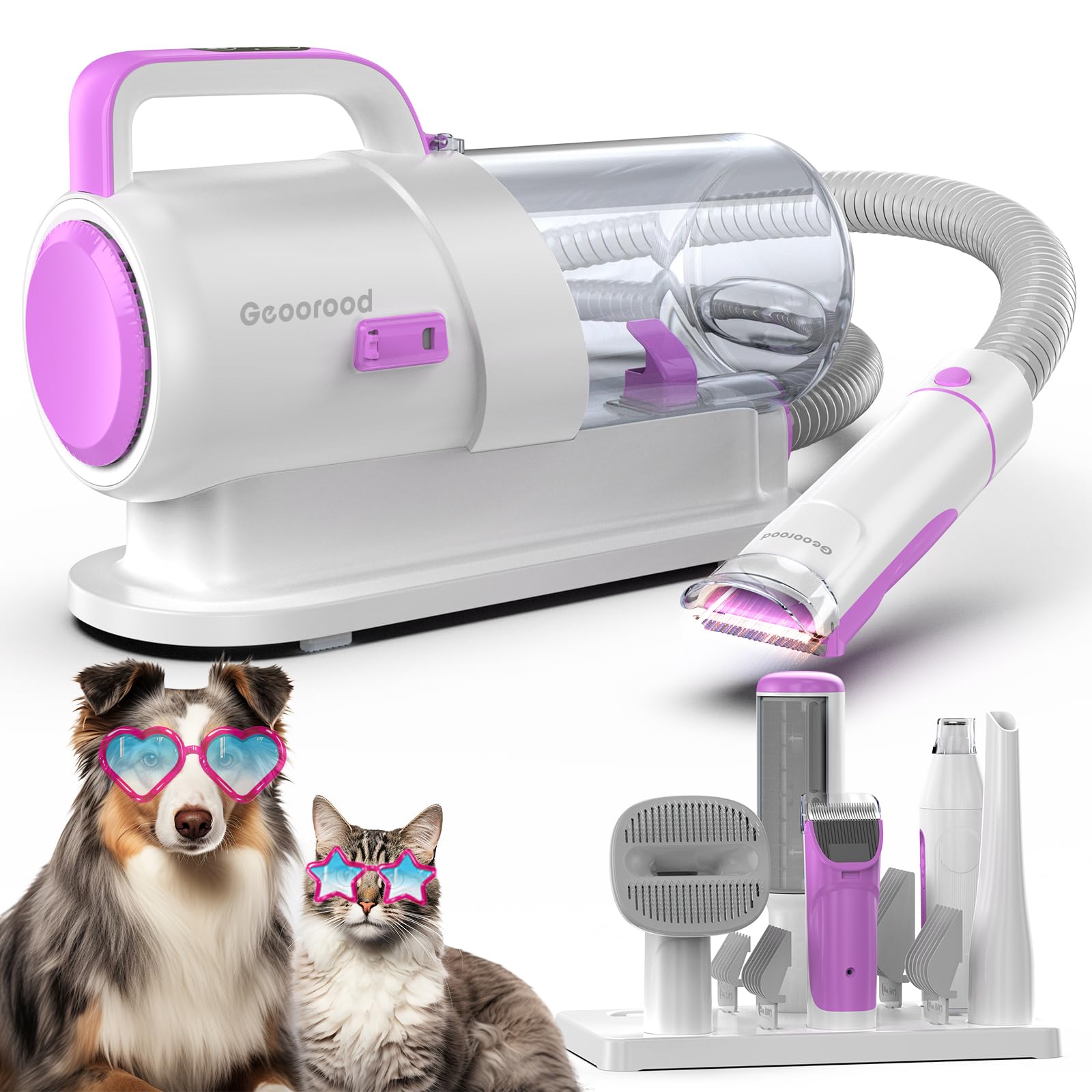 geoorood Dog Grooming Vacuum Kit, 5 in 1 Pet Hair Grooming Tools 13000Pa 2.2L Dust Cup with Clippers for Dogs Cats Shedding Brush Remover at Home Purple