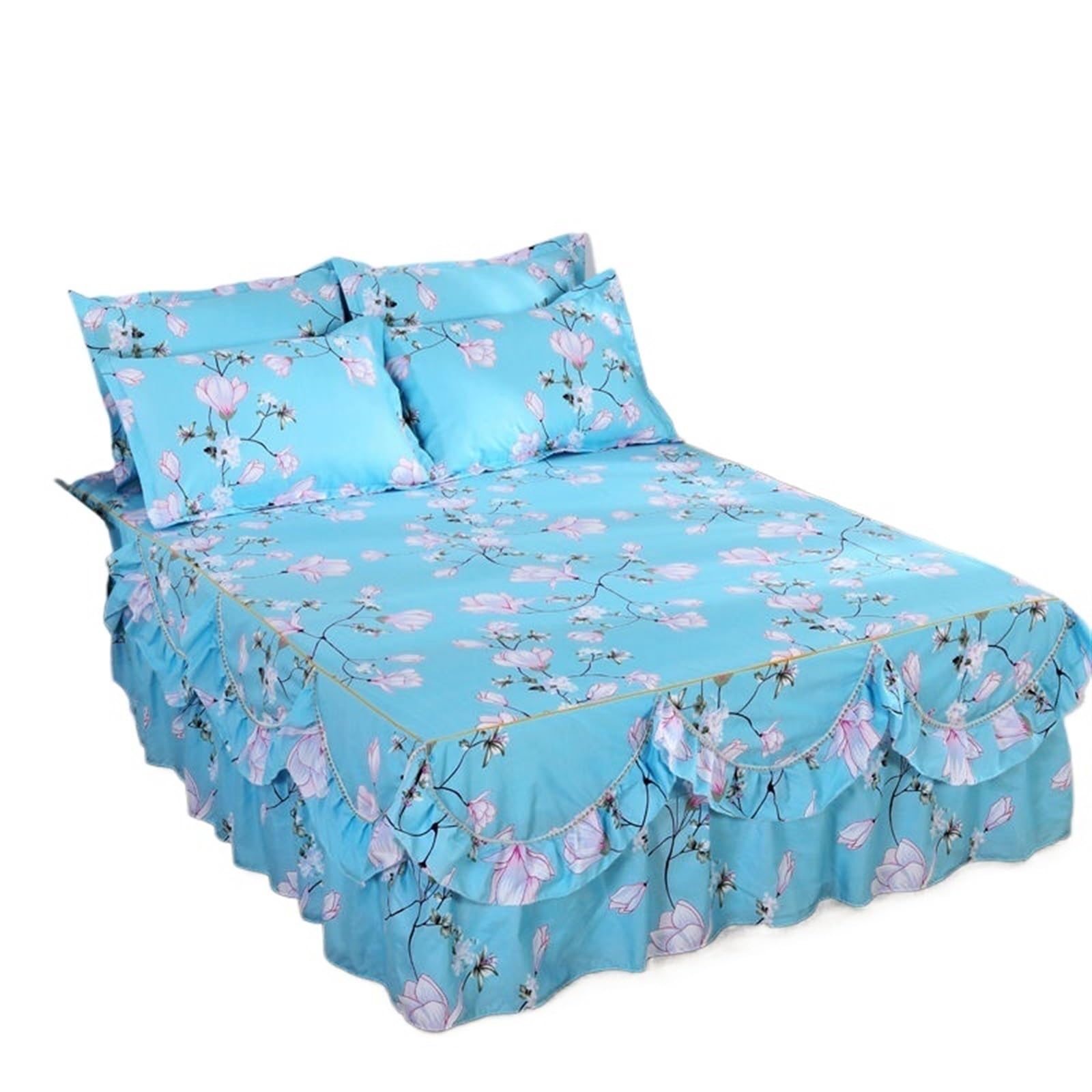 EJvkrbtx Ruffle Wrap Bedspread Set Bed Skirt 2 Pillowcases Printed Washable Soft Multiple Sizes(D,150x200cm)