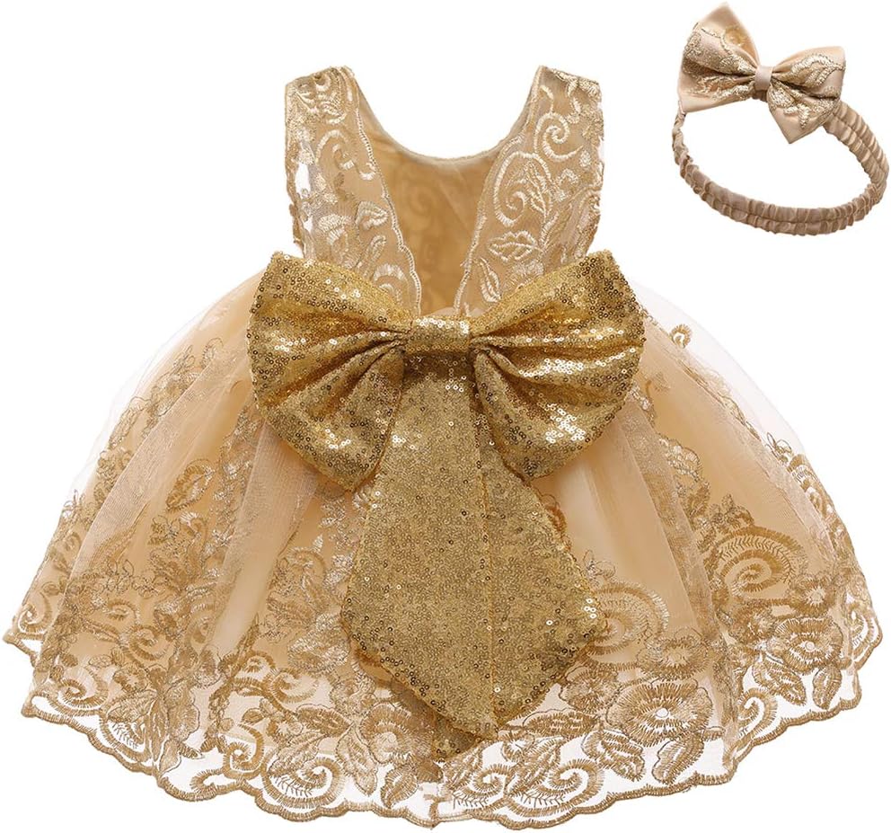 Lace Flower Girl Sequins Bow V-Back Tutu Dress for Kids Baby Christening Communion Birthday Party Wedding Dresses+Headwear