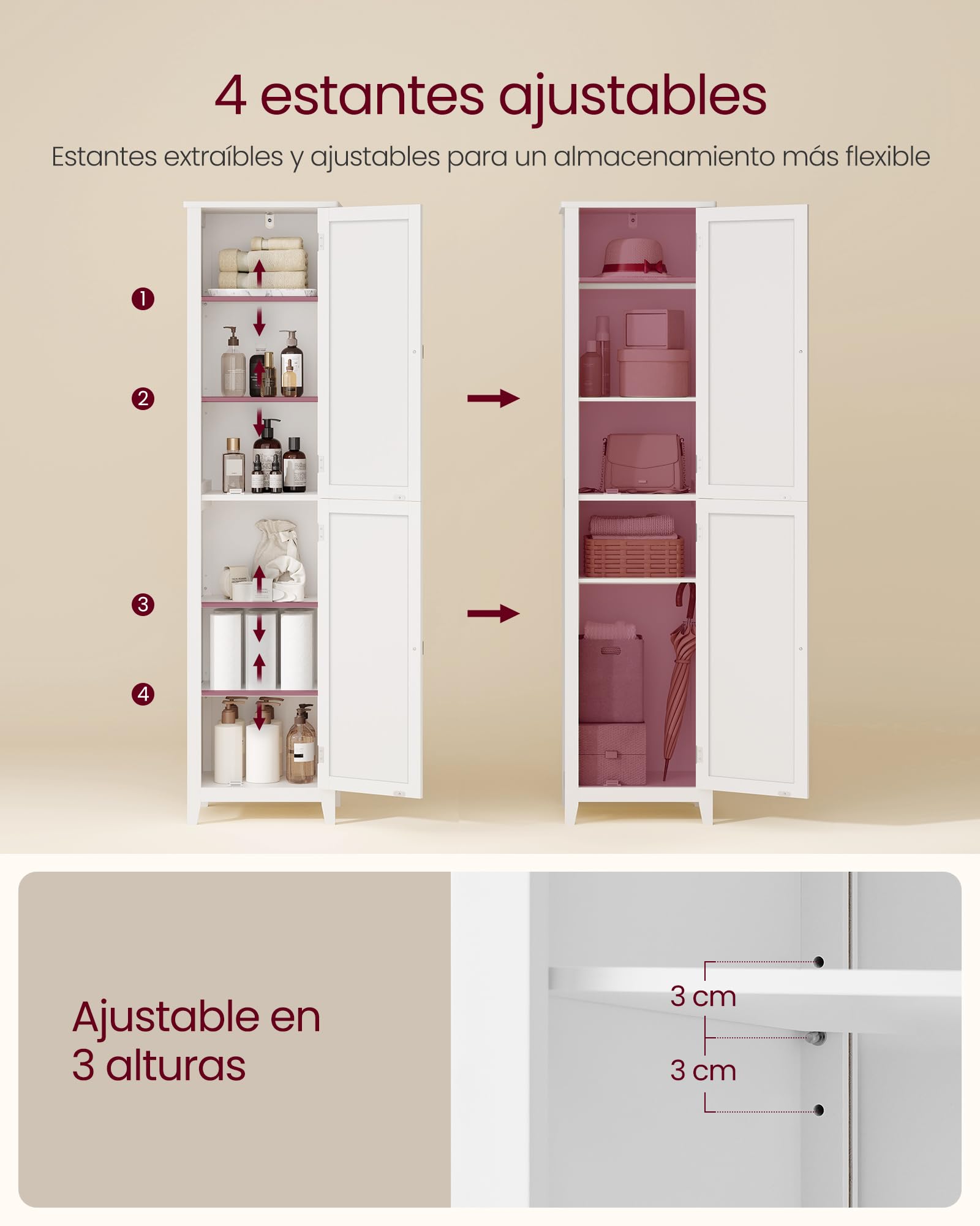 VASAGLE Armario Alto de Baño con Espejo de Cuerpo Completo, Mueble de Baño con Estantes Ajustables, 30 x 40 x 160 cm, para Espacio Pequeño, Salón, Pasillo, Blanco Nube BBC764WH01