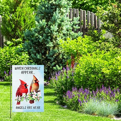 Miniatura 3 de Bandera de jardín cardenal When Cardinals Appear Angels Are Near Memorial Yard Flag 12x18 pulgadas de doble cara floral de pájaros rojos bandera de