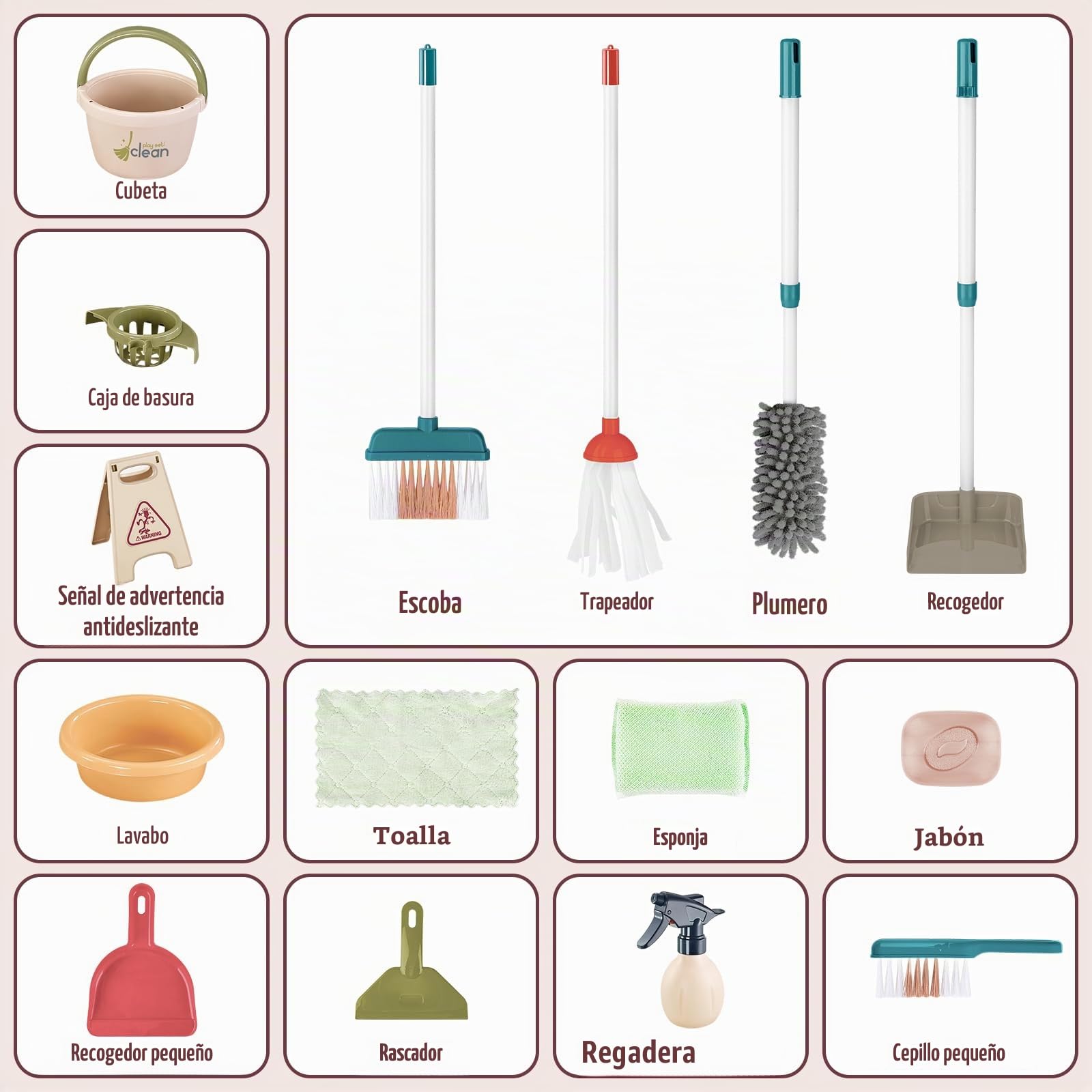 deAO Sarrito de Limpieza para Niños con Fregona, Cubo, Escoba, Aspirador, Set de Carro de Limpieza, Juguete de Limpieza para Niños a Partir de 2 3 años (marrón Rojizo)