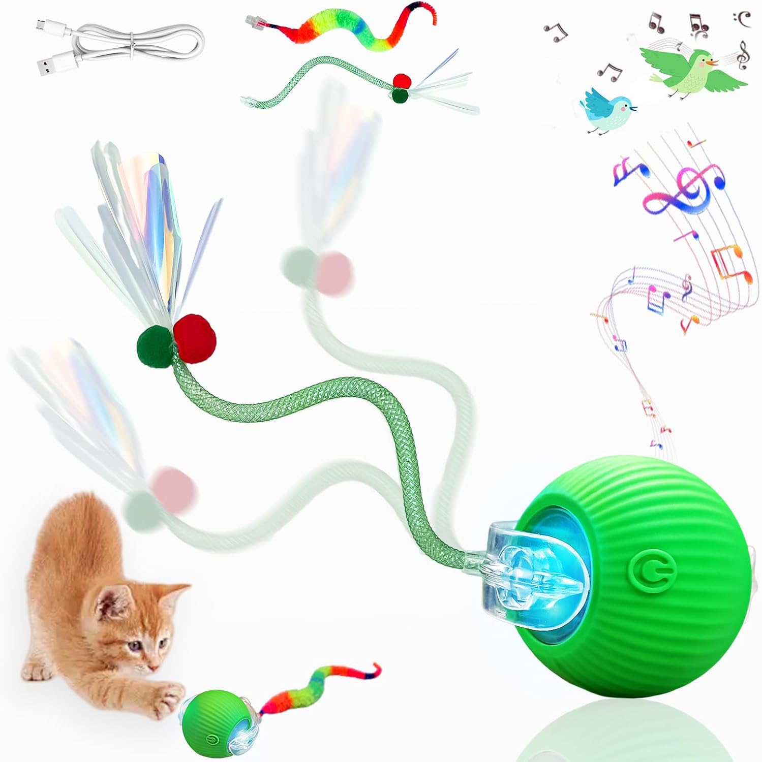 New Upgraded Cat Ball Toy – Speedy Tail 3.0 Cat Toy, Interactive Cat Toy Ball, Stimulating Toys and Juguetes para Gatos, Cat Toys for Bored Indoor（Sound Switchable） (Green)