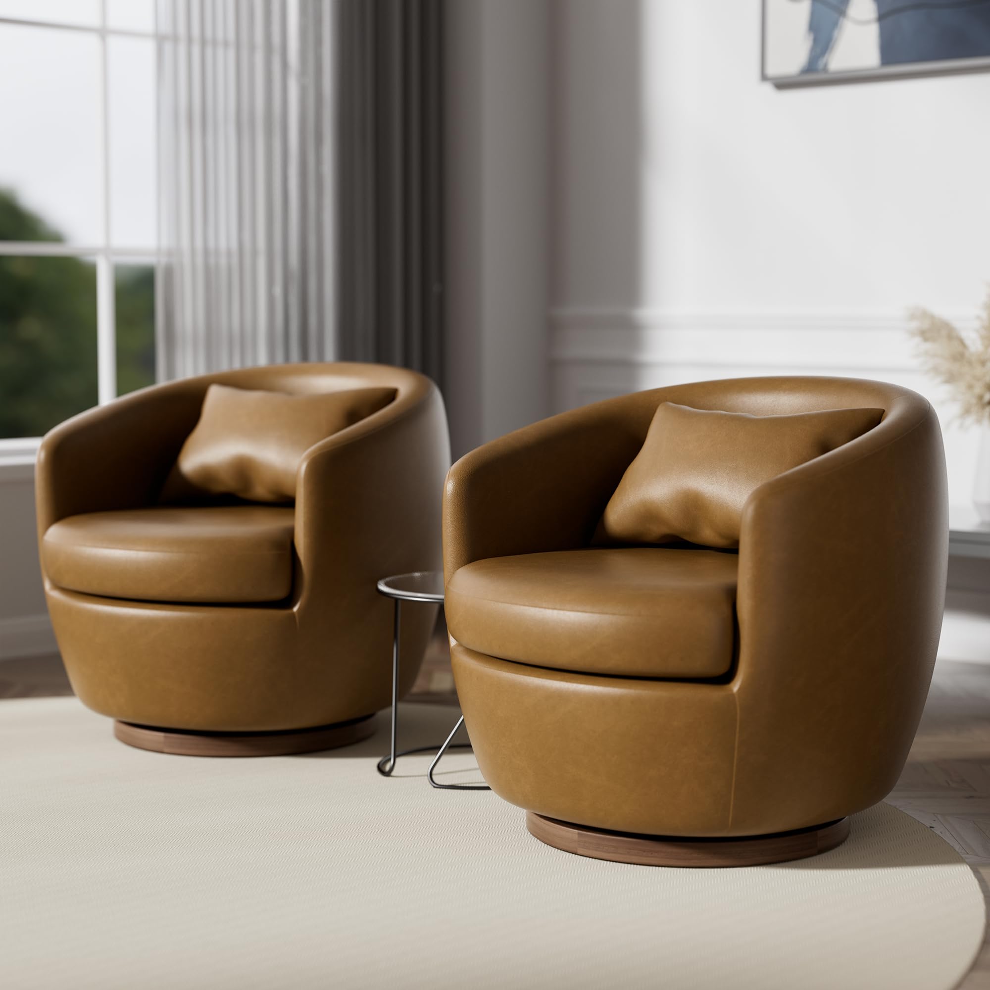 lavimiya Leather Accent Chair Set of 2, Swivel Chair with Storage, Brown Barrel Swivel Chair Modern Arm Accent Chairs for Living Room, Bedroom, Office