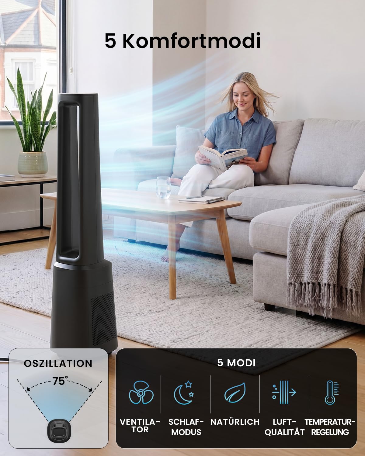 Pro Breeze OmniAir 105cm Turmventilator mit Luftreiniger, HEPA 13 Filter, WLAN, App, 10 Geschwindigkeiten, 5 Modi, Auto 75° Oszillation