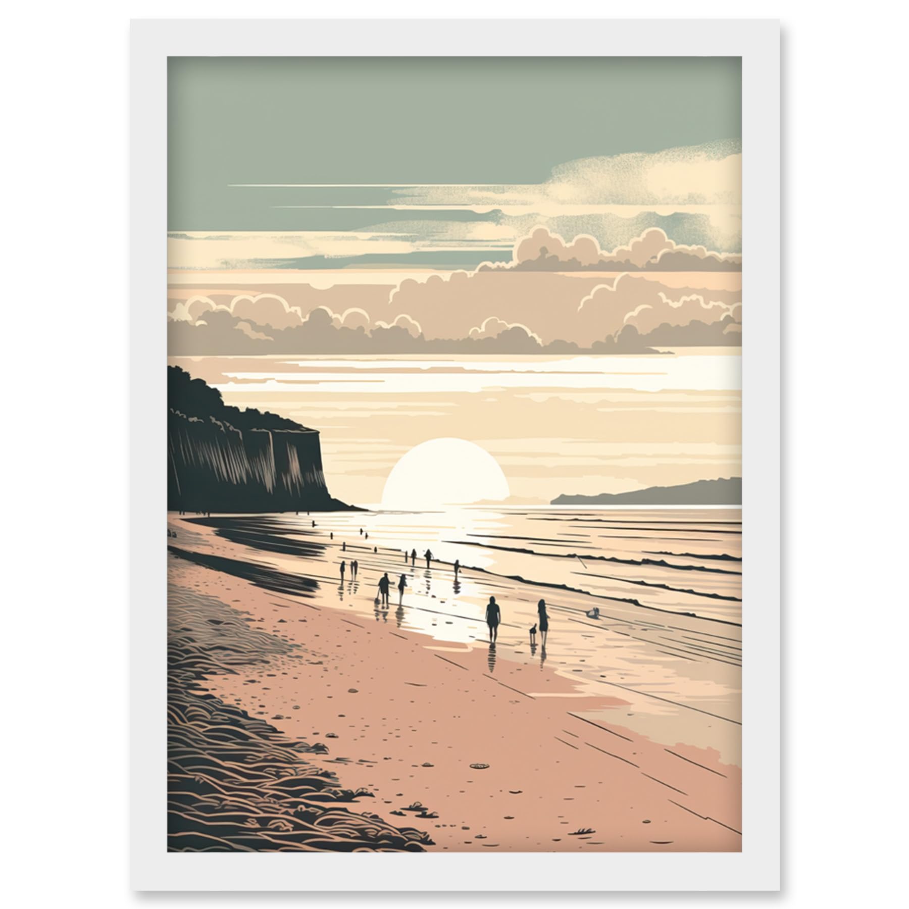 Artery8 Dog Walks on the Beach Sunset Coastal Landscape Artwork Framed Wall Art Print A4