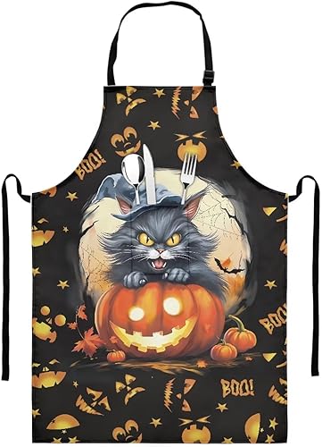 Miniatura 2 de Delantal ajustable con patrón de girasoles de amor, resistente al agua, con 1 bolsillos, Gatos negros y calabazas de Halloween 1