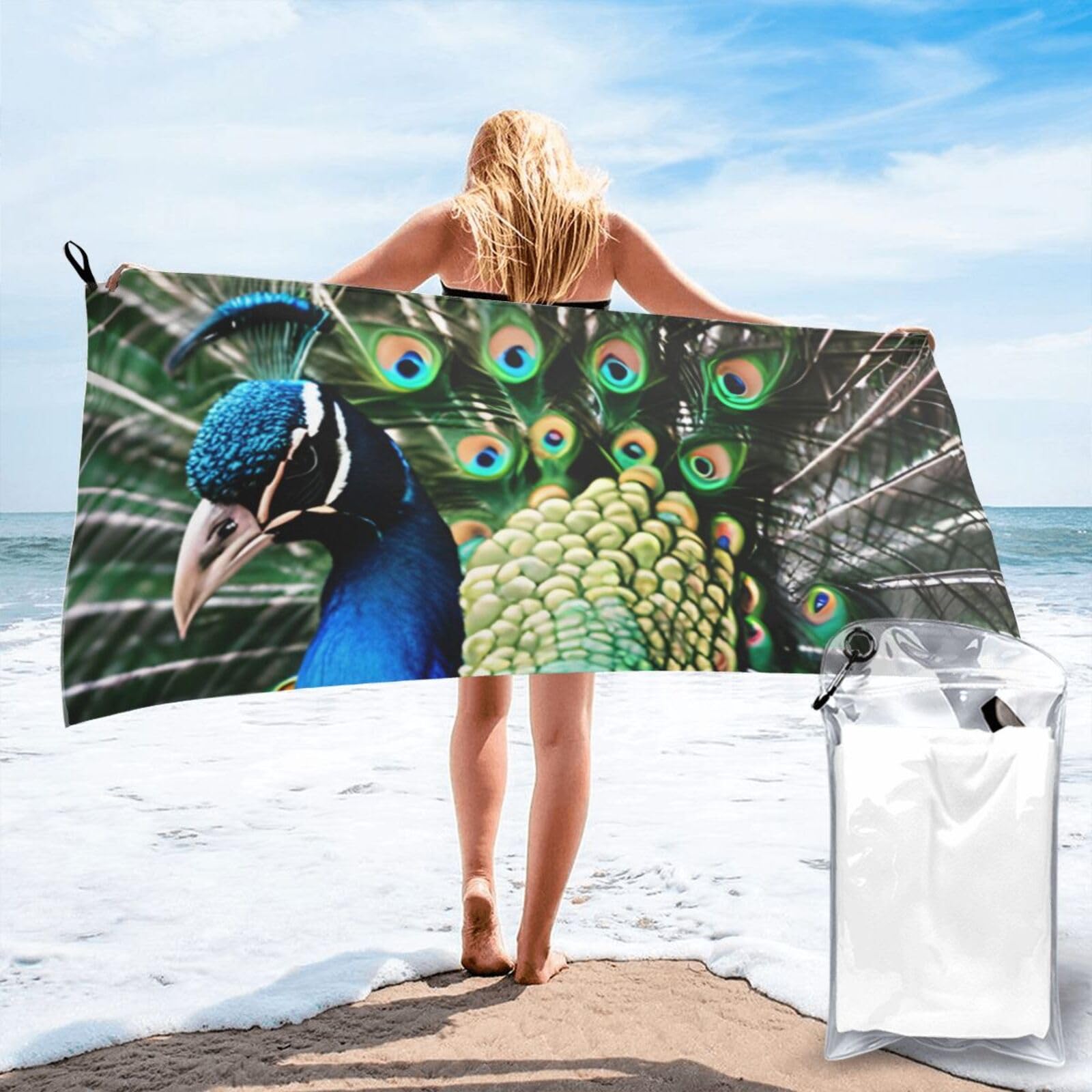 DWVTSLH Microfiber Sand Free Beach Towel 27.5"x55", Quick Dry Absorbent Travel Towel Large Camping Blanket, Peacock Bath Towels Lightweight Pool Swim Towels for Vacation Essentials