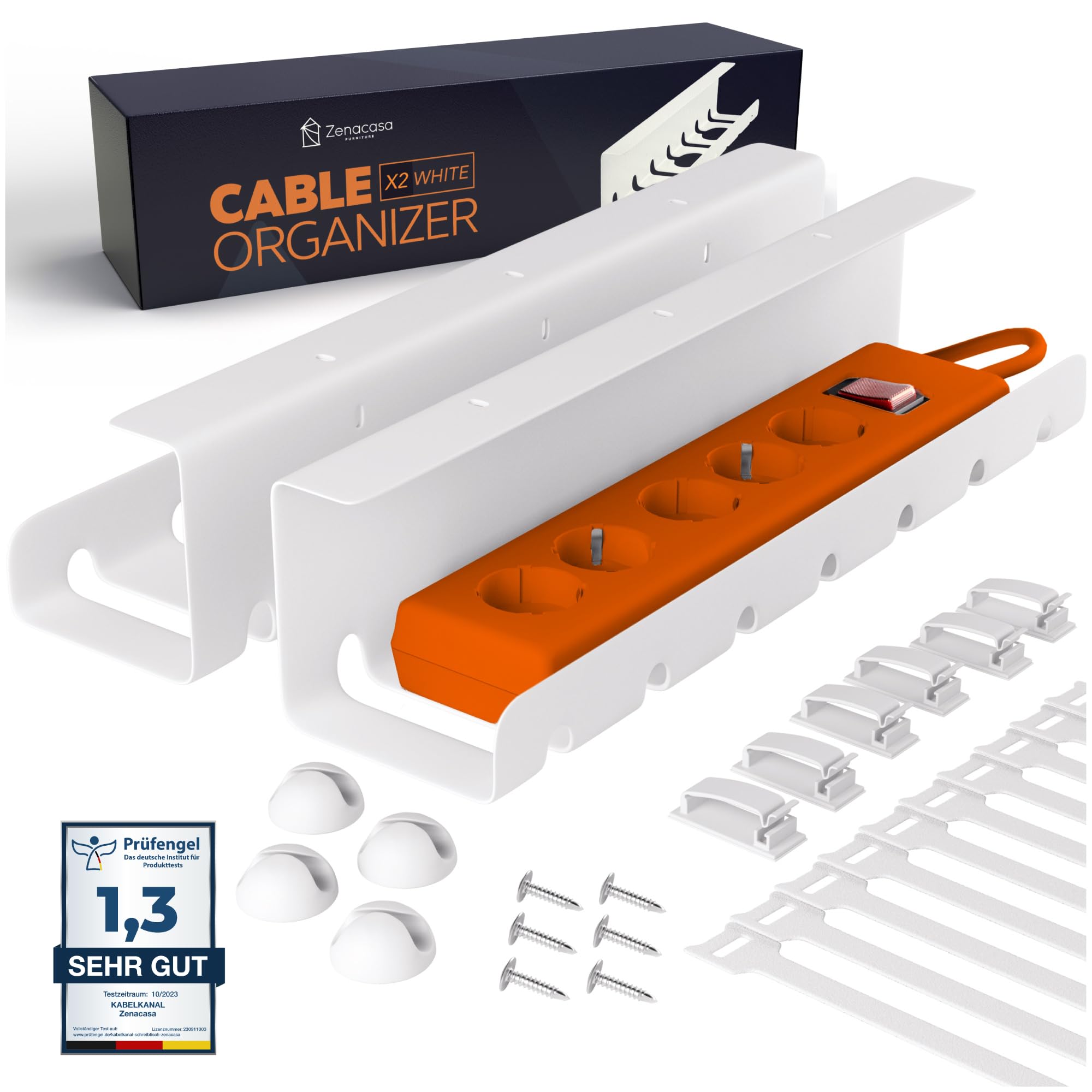 2er Set Kabelmanagement Schreibtisch Weiß – Kabelkanal ohne Bohren zum Kabel verstecken – Mit Kabelwanne, Halter & Zubehör – Für saubere Kabelführung im Home Office, Büro & Gaming Setup