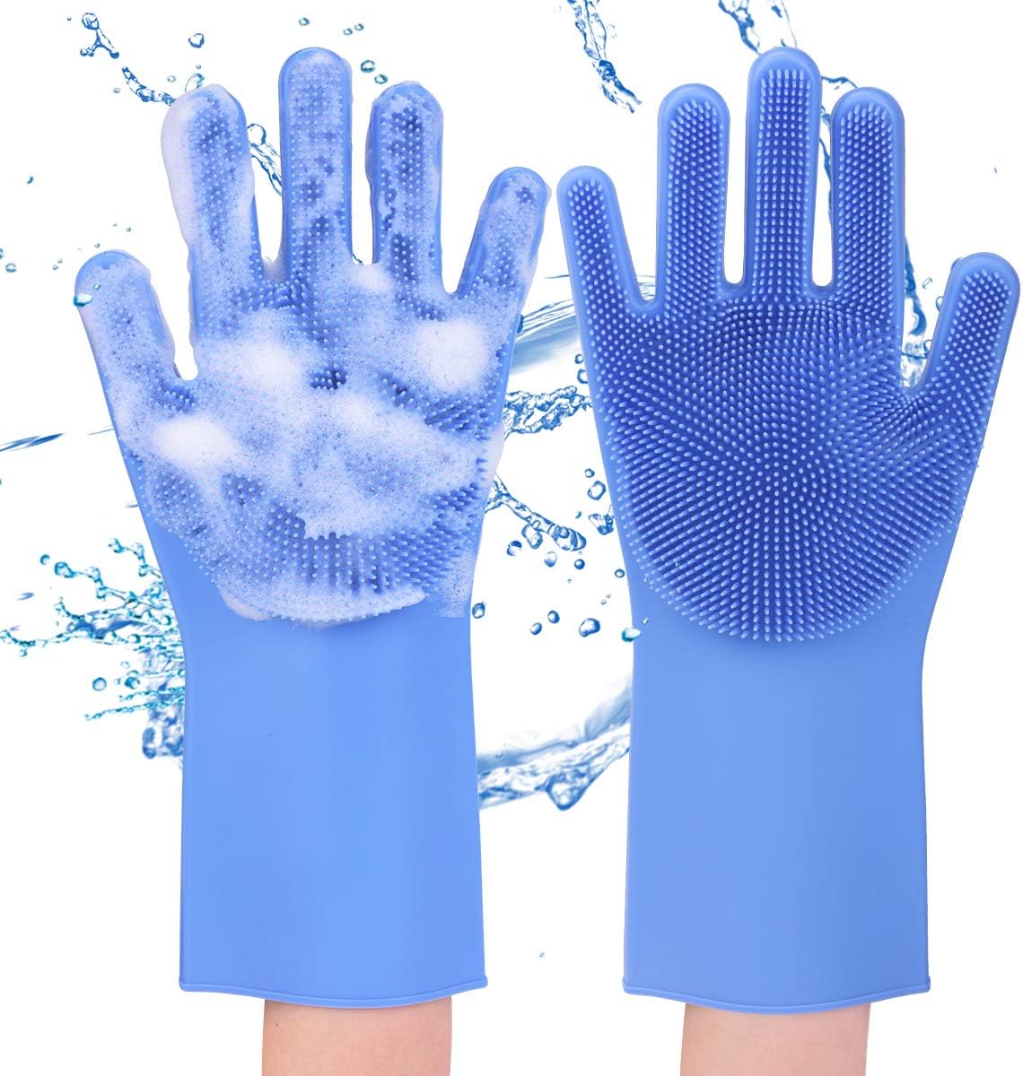 Magic Dishwashing Gloves with Scrubber, Silicone Cleaning Reusable Scrub Gloves for Wash Dish,Kitchen, Bathroom (Blue,1 Pair: Right + Left Hand)