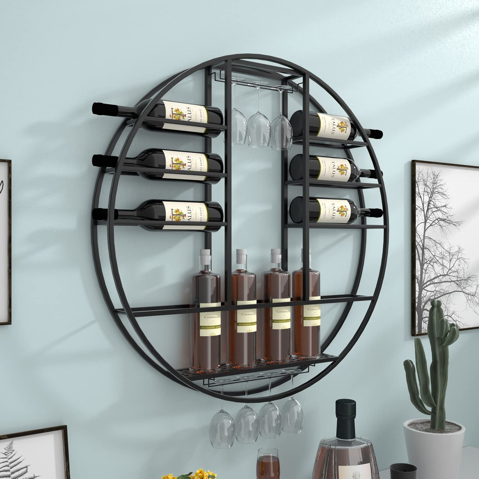 Porte-Bouteilles Murale Noir Étagère de Rangement Verres à Pied Métal