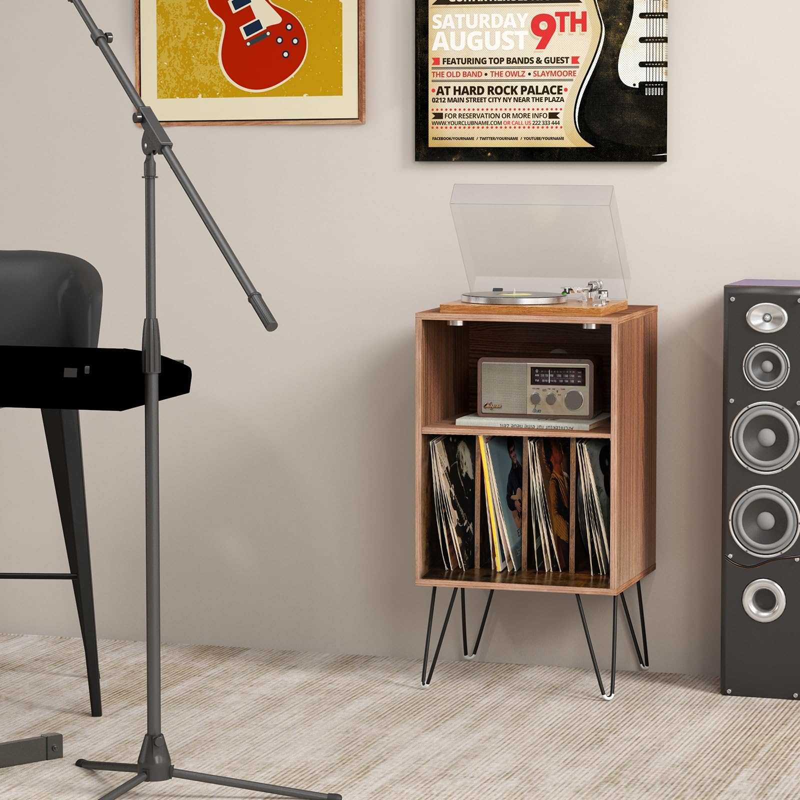 COSTWAY Plattenspieler-Ständer mit Ladestation, 3-stufiger Schallplattenständer, Vinylplatten Aufbewahrungstisch mit Regal & 4 Trennwänden für Wohnzimmer 48 x 40 x 88 cm (Industriell)