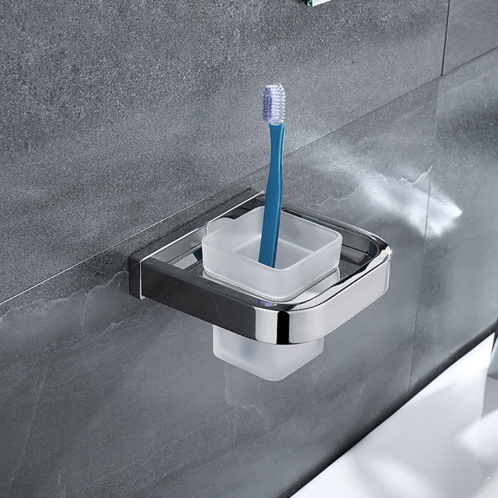 Portaspazzolino Portaspazzolino a parete con 1 tazza di vetro smerigliato, set supporto bicchiere for dentifricio, supporto organizer da appoggio for bagno, accessori da bagno in acciaio inossidabile