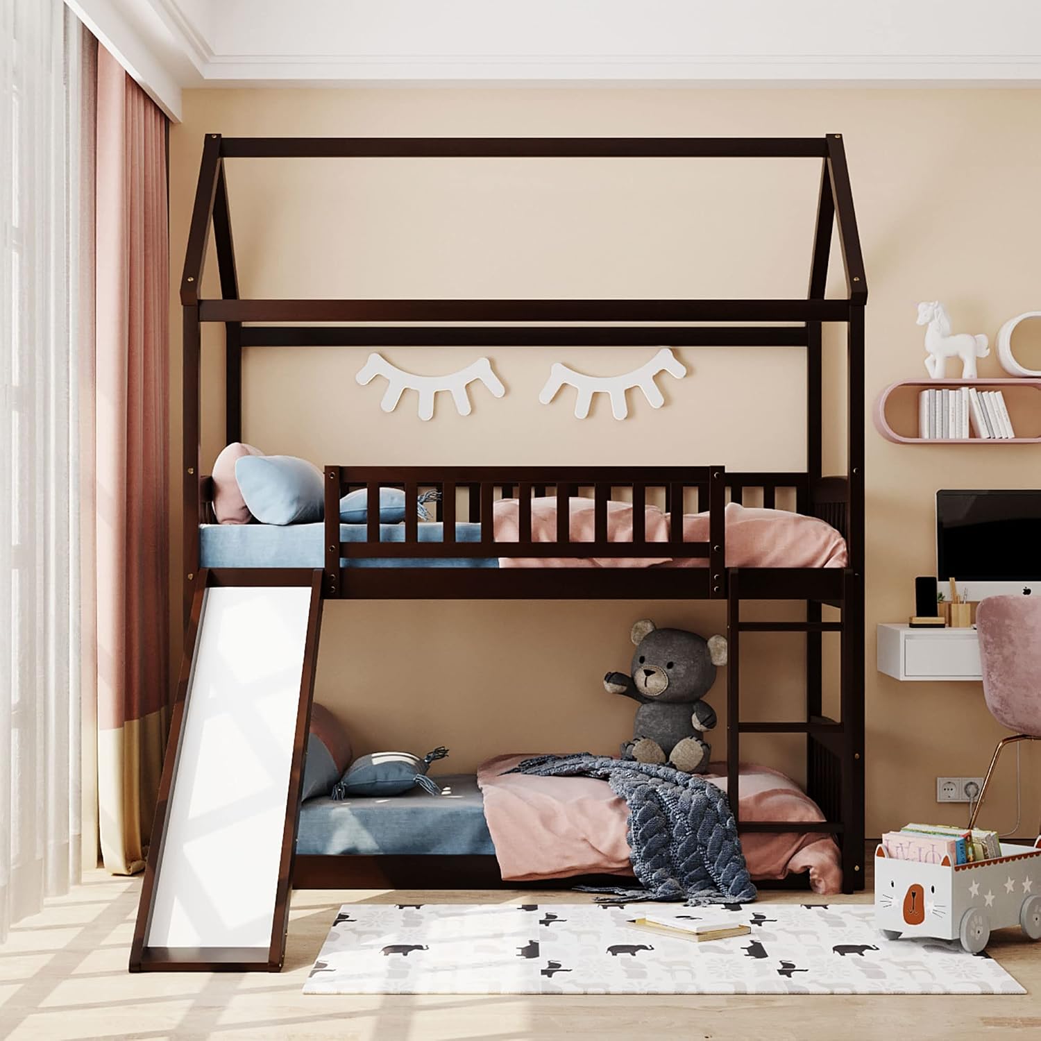 Amazon.com: YUNLife&Home Twin Over Twin House Bunk Bed with Slide ...