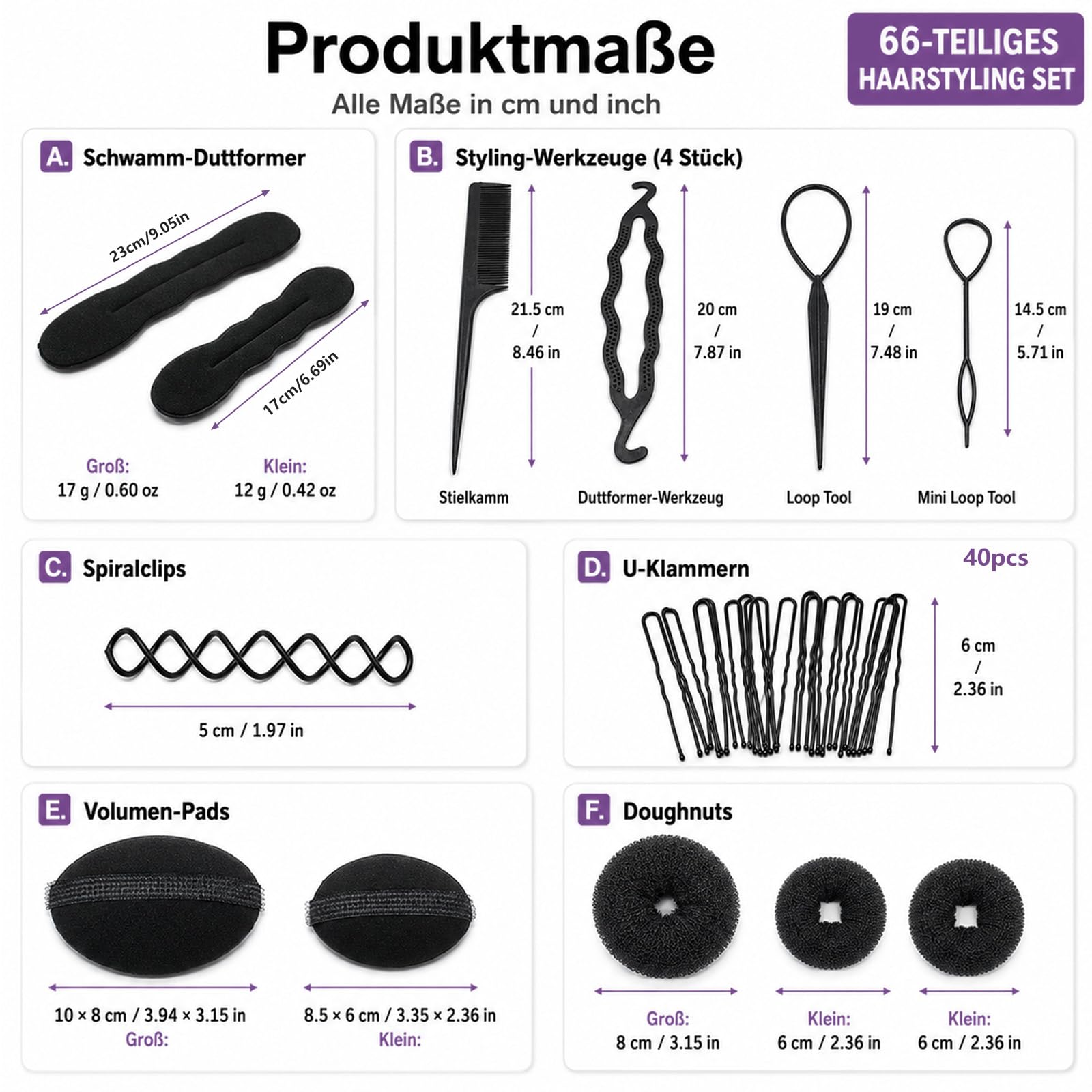 66-teiliges Frisurenhilfe Set, Flechthilfe Haare,Hochsteckfrisuren Zubehör, DIY Haarstyling Set für Zöpfe Dutt und Pferdeschwanz, inkl. Duttkissen, Haarnadeln, Schwarz