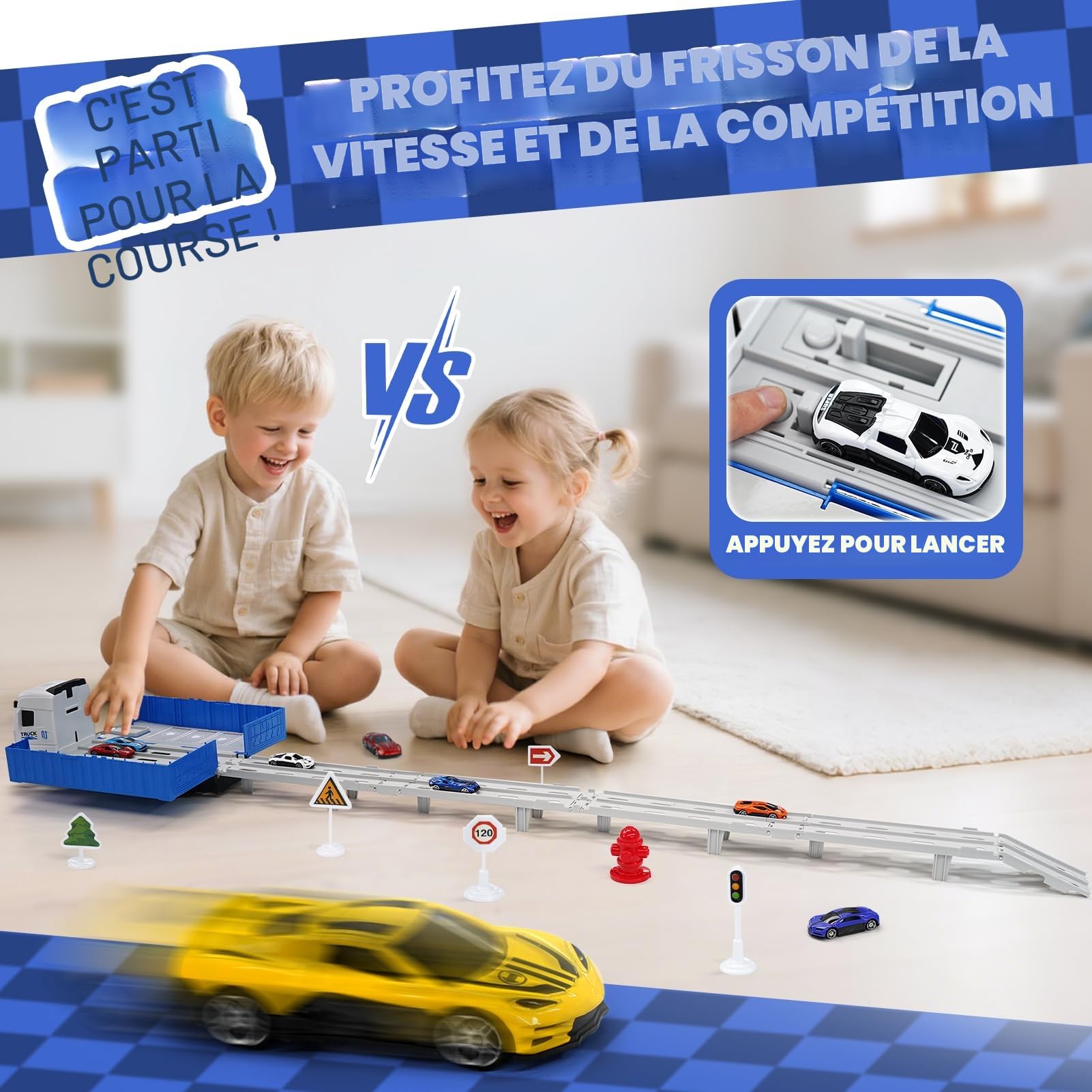 Transport Truck - Voiture Jouet pour garçons âgés de 3, 4, 5, 6 Ans - Portable - avec 8 Voitures de Course - Véhicule de Transport - Jouet pour Enfants (Bleu)