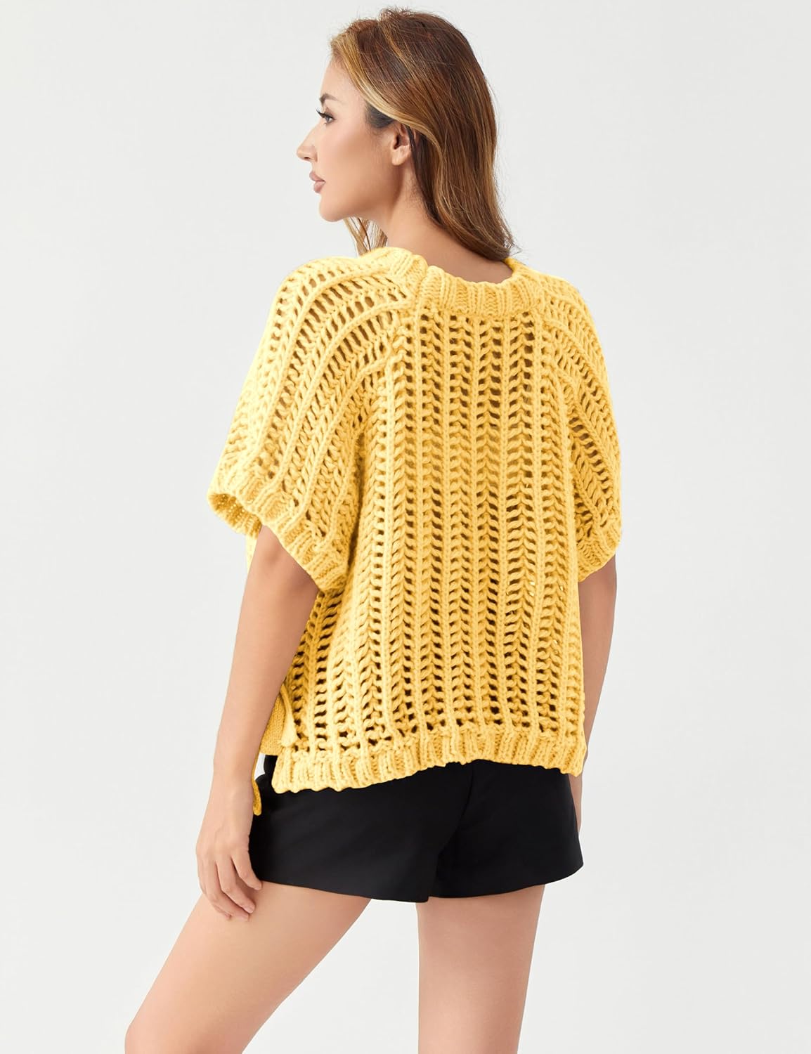 Womens Crochet Knit Sweater Vest Crop Top Cute Loose Fit Short Sleeve Side Bow Tie Hollow Out Pullover Tank Tops - Image 5