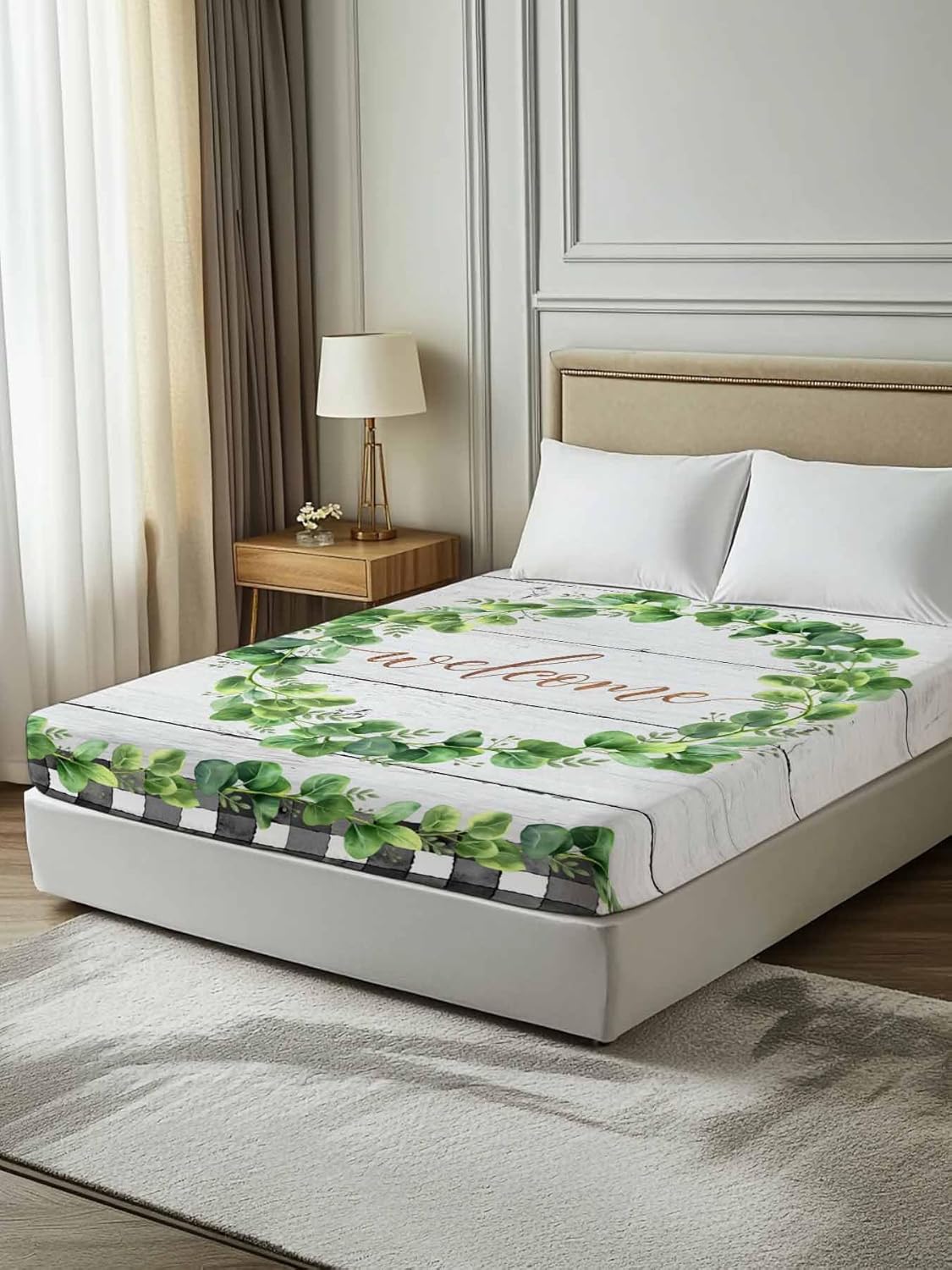Top Sheet Full Bedding Flat Sheet Only, Farmhouse Green Leaf Wreath Microfiber Bed Sheets Soft Breathable Bedding Flat Sheets, Country Leaves Wood Plank Plaid Hotel Luxury Top Sheets