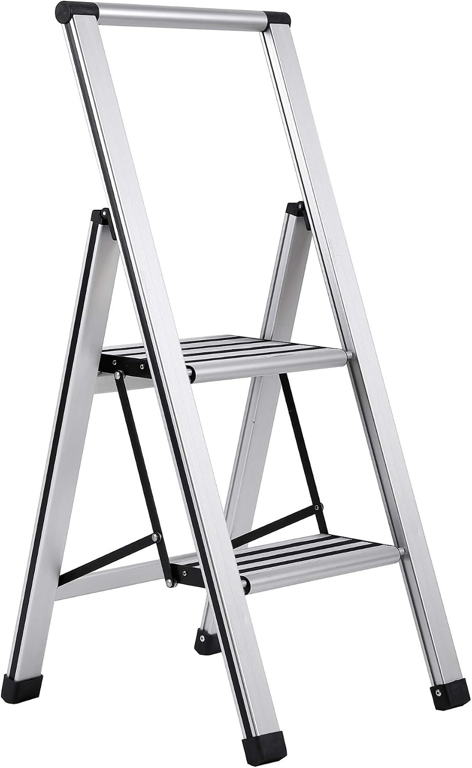 BirdRock Home 2-Step Slim Aluminum Step Ladder - Sturdy Thin Folding Stool - 2 Anti-Slip Steps - Wide Platform - Great for Your Kitchen, Pantry, Closets, or Home Office - Indoor Stool - Silver