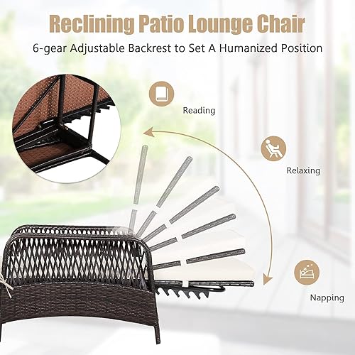 Miniatura 5 de HAPPYGRILL Sillón reclinable de ratán de polietileno para exteriores, tumbona para patio con almohada de cintura extra, silla reclinable con 6