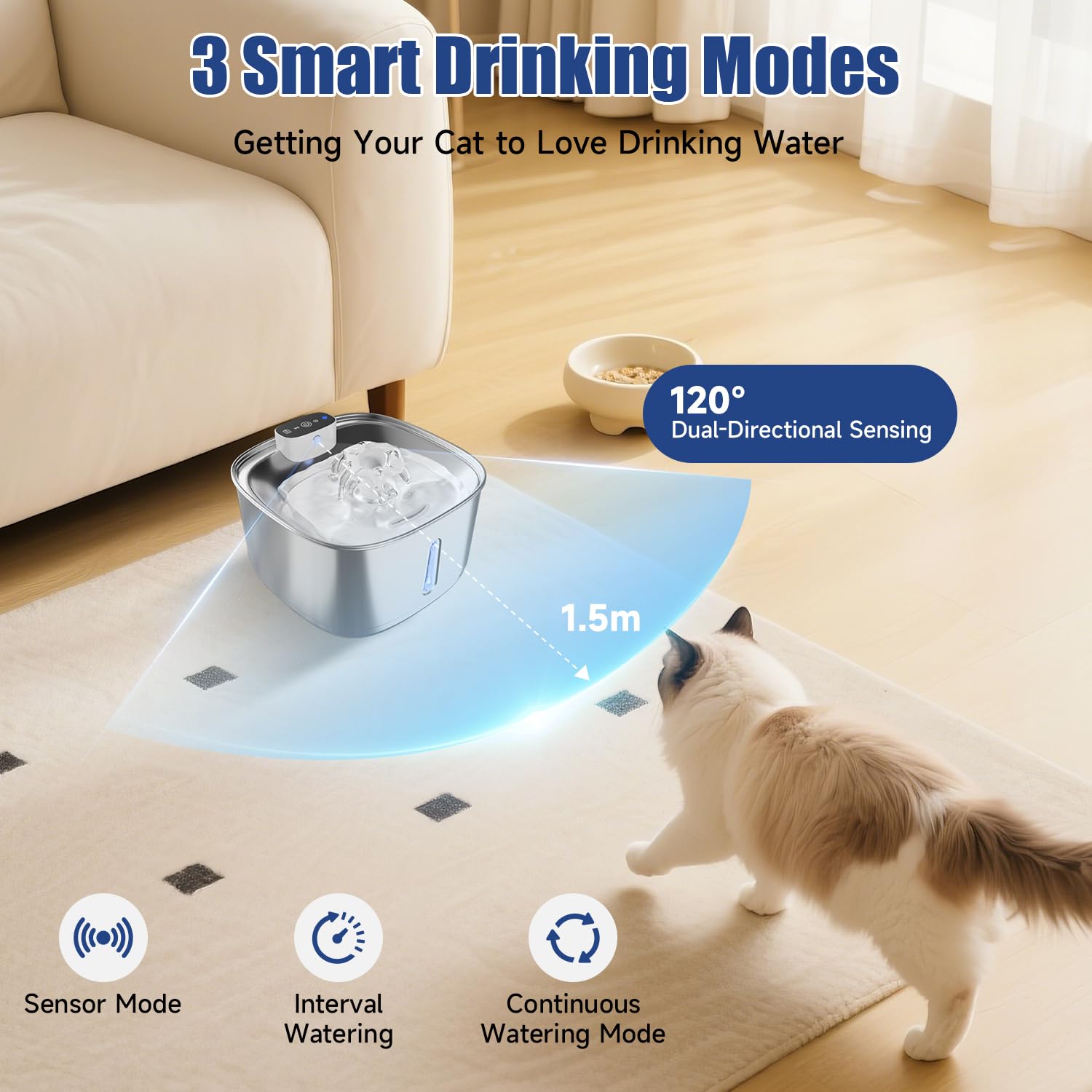 Fuente de agua para gatos de 3.2 L para beber con sensor de movimiento, fuente de agua de acero inoxidable para mascotas, dispensador de agua inalámbrico para perros, funciona con pilas y