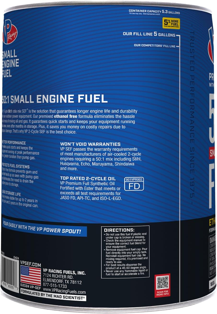 VP Racing Fuels 6232, Ready to Use, 50:1 Premixed 2-Cycle Small Engine Fuel (SEF) - 5 Gallon