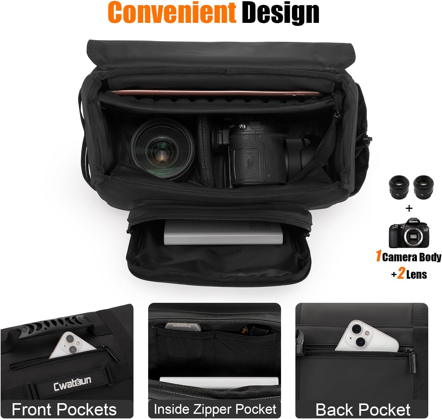 Cwatcun Camera Sling Bag, Waterproof Multifunction Photography Tactica Camera Crossbody Bag with Tripod Holder & Removable Accessory Bags for DSLR/SLR/Mirrorless Cameras - Small - Image 3