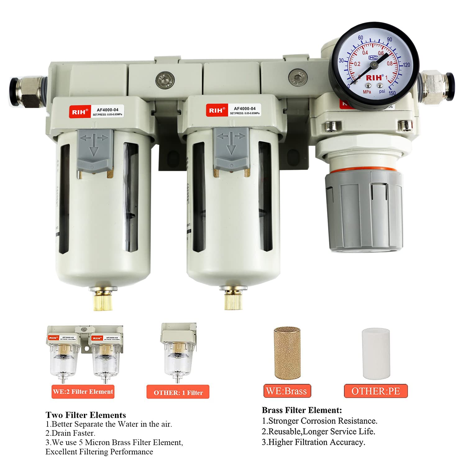 RIH Pneumatics DFR-04 Filtro y regulador doble de aire comprimido NPT de 1/2 pulgada, sistema de secado de aire, separador de agua del compresor de aire, drenaje semiautomático, cuenco de polietileno,