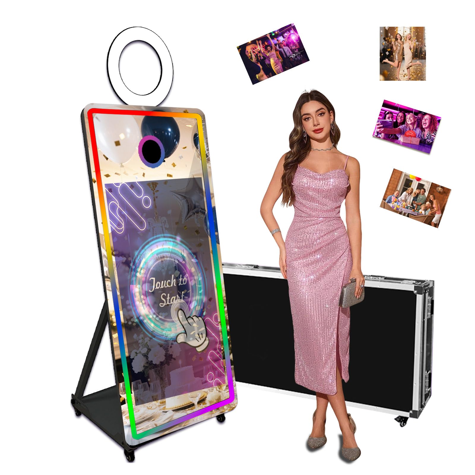 Espejo para cabina de fotos, espejo mágico, máquina de fotos para selfie, pantalla táctil de 43 pulgadas, anillo de luces RGB y marco LED portátil para bodas, fiestas, eventos, funda de vuelo (negro,