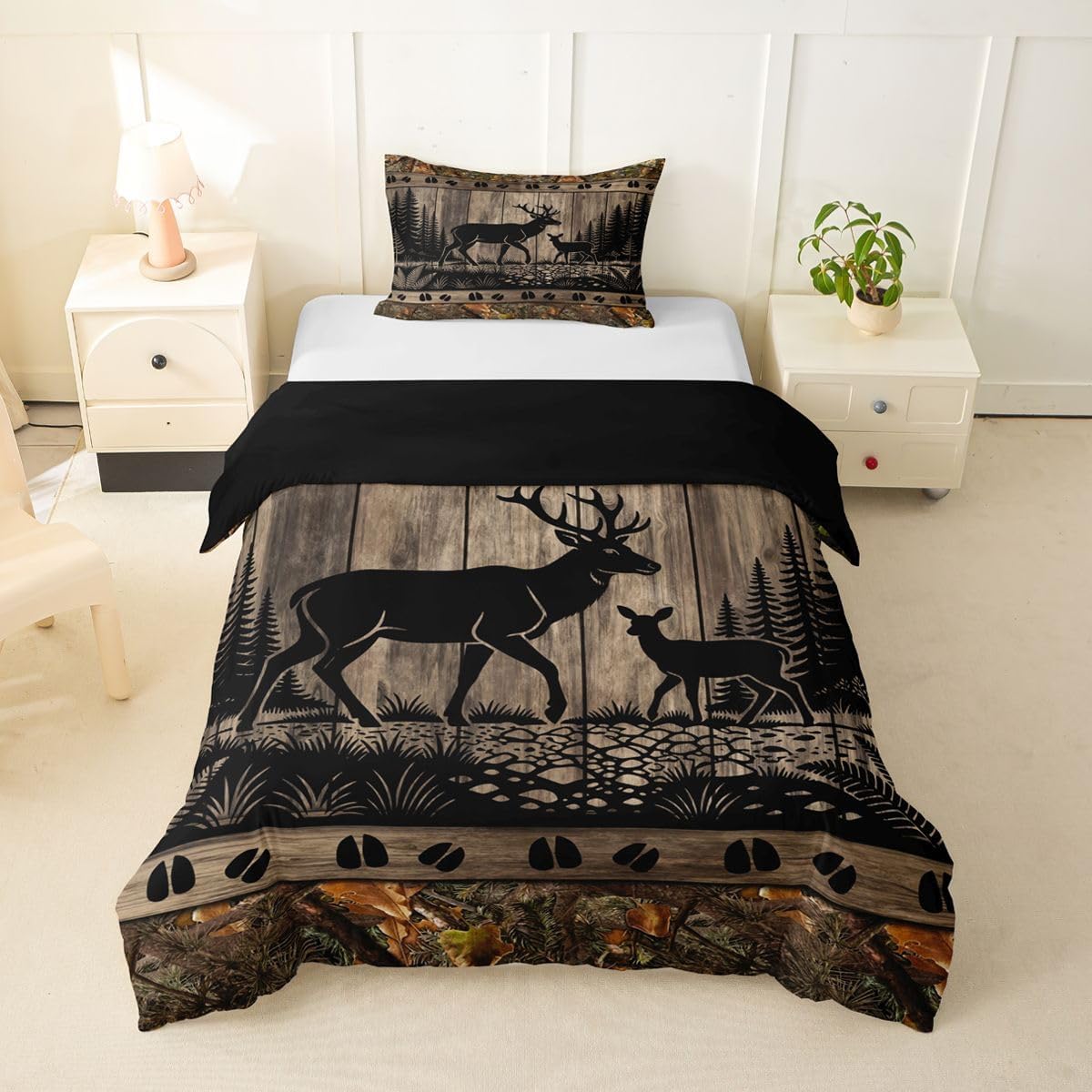 Feelyou Farmhouse Deer Duvet Cover Twin Size Camo Woodland Hunting Comforter Cover for Boys Girls Rustic Cabin Bedding Set 2Pcs Room Decor No Comforter Breathable Soft Lightweight Microfiber