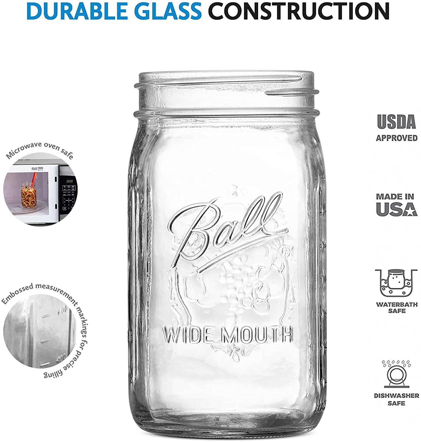 Ball Wide Mouth Mason Jars 32 oz [4 Pack] With mason jar lids and Bands