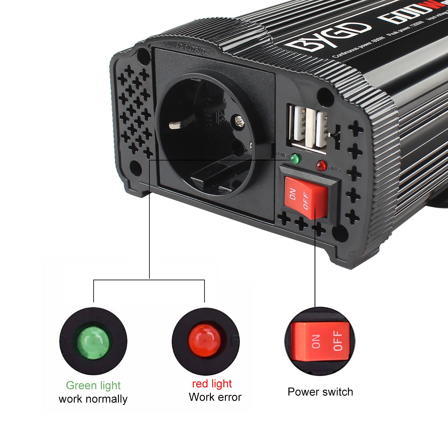 BYGD 600W Inverter Potenza, Invertitore Potenza Auto 12V a 230V USB 1 Prese AC, Convertitore Potenza per Auto/Camper/Barca a Onda Sinusoidale Invertitore di Tensione Modificata