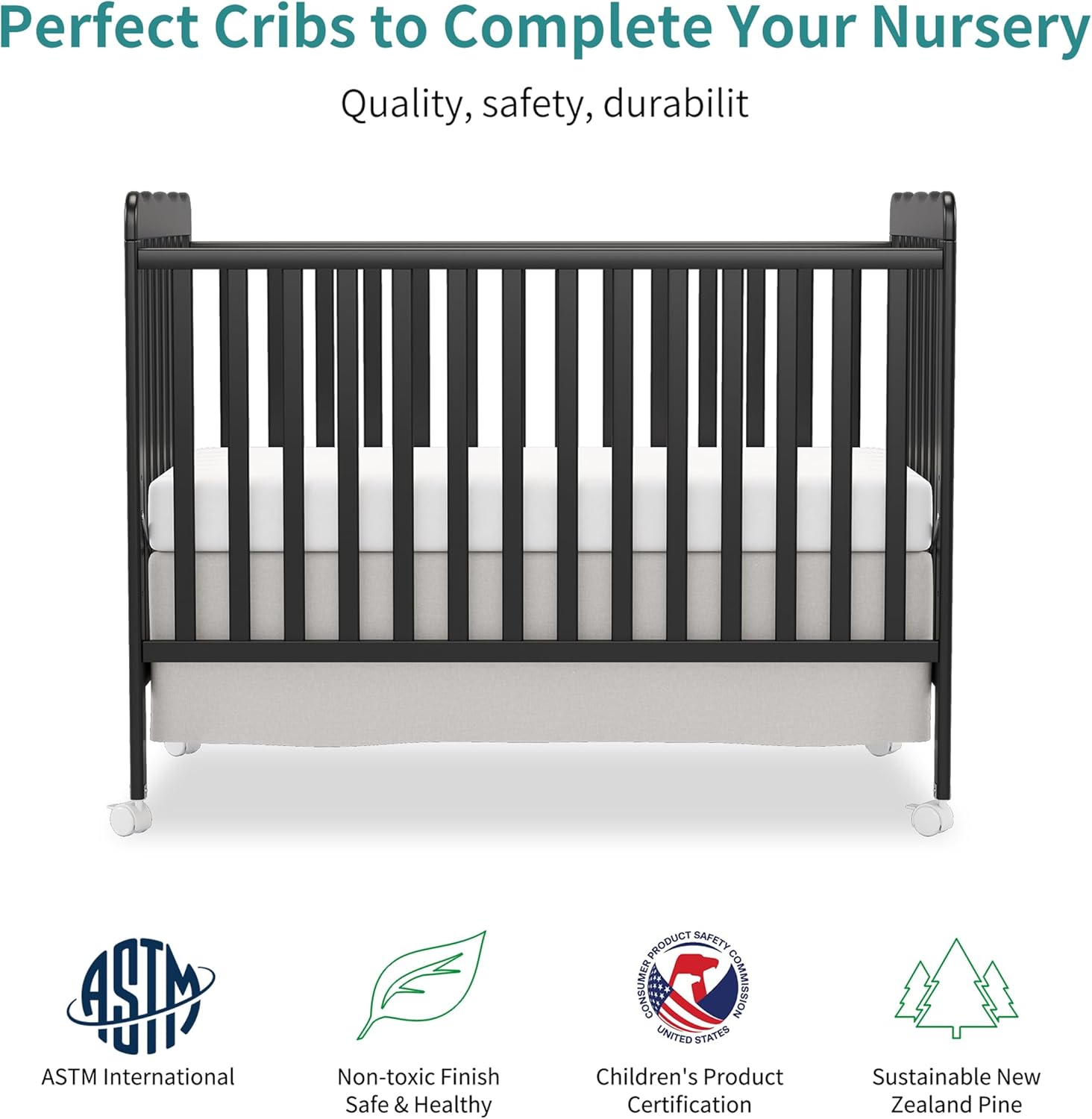 4 in 1 Convertible Baby Crib, Wooden Nursery Cribs Converts into Toddler Bed and Daybed, 3 Adjustable Base, Non-Toxic Finishes, Removable Wheels (Black)