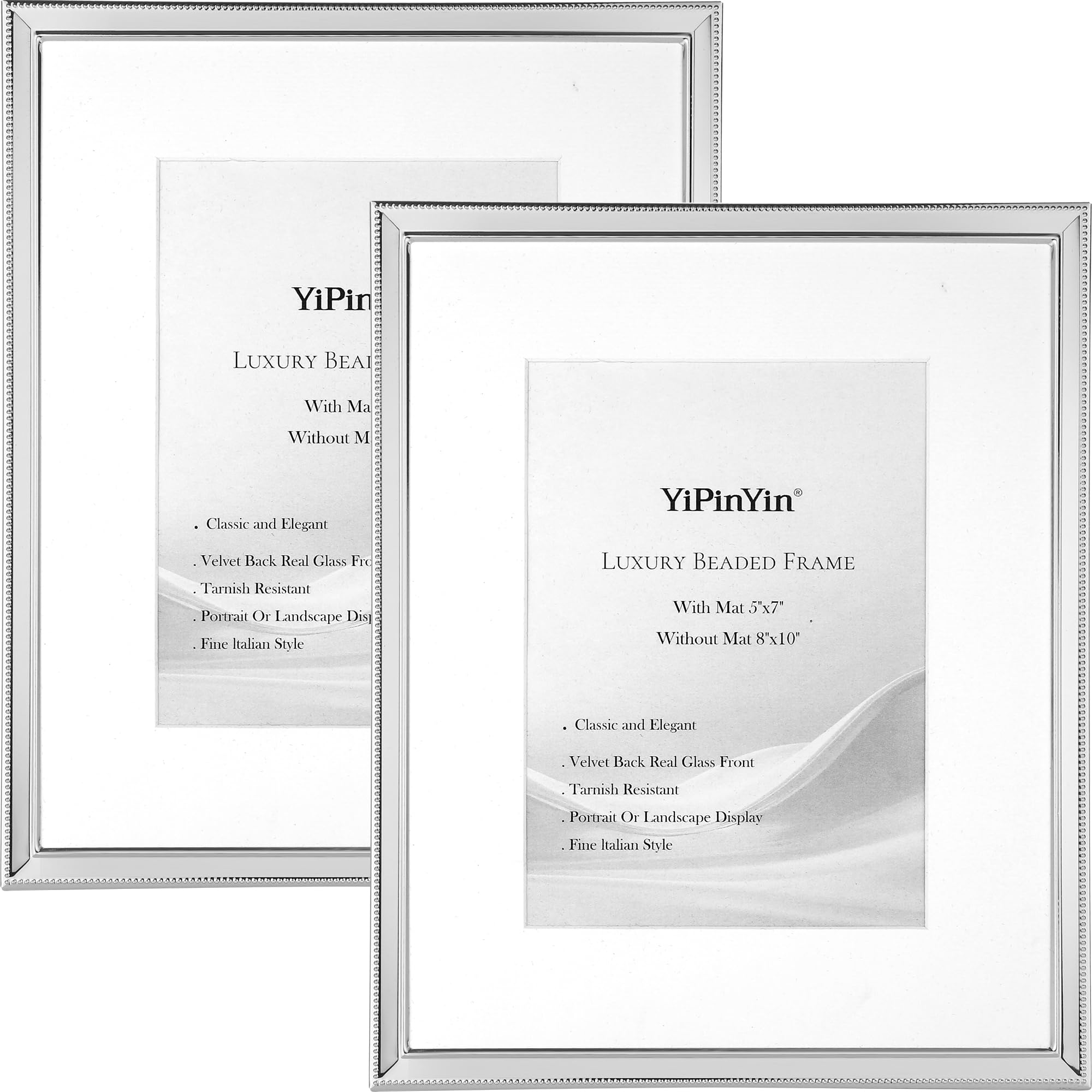 Luxury Silver Plated 8x10'' Picture Frame 2 Pack with Acid-Free Mat for 5x7'', 10x8'' Metal Beaded Frame with Real Glass & Velvet Backing,for Tabletop Display or Wall Hanging