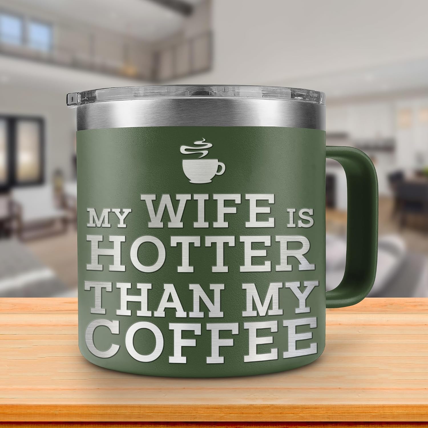 Hyturtle My Wife Is Hotter Than My Coffee Forest Green Mug/Tumbler 14oz Gift For Husband, Present Idea For Him From Wife - Fathers Day - Birthday Gift Ideas For Men - Christmas Gifts For Husband