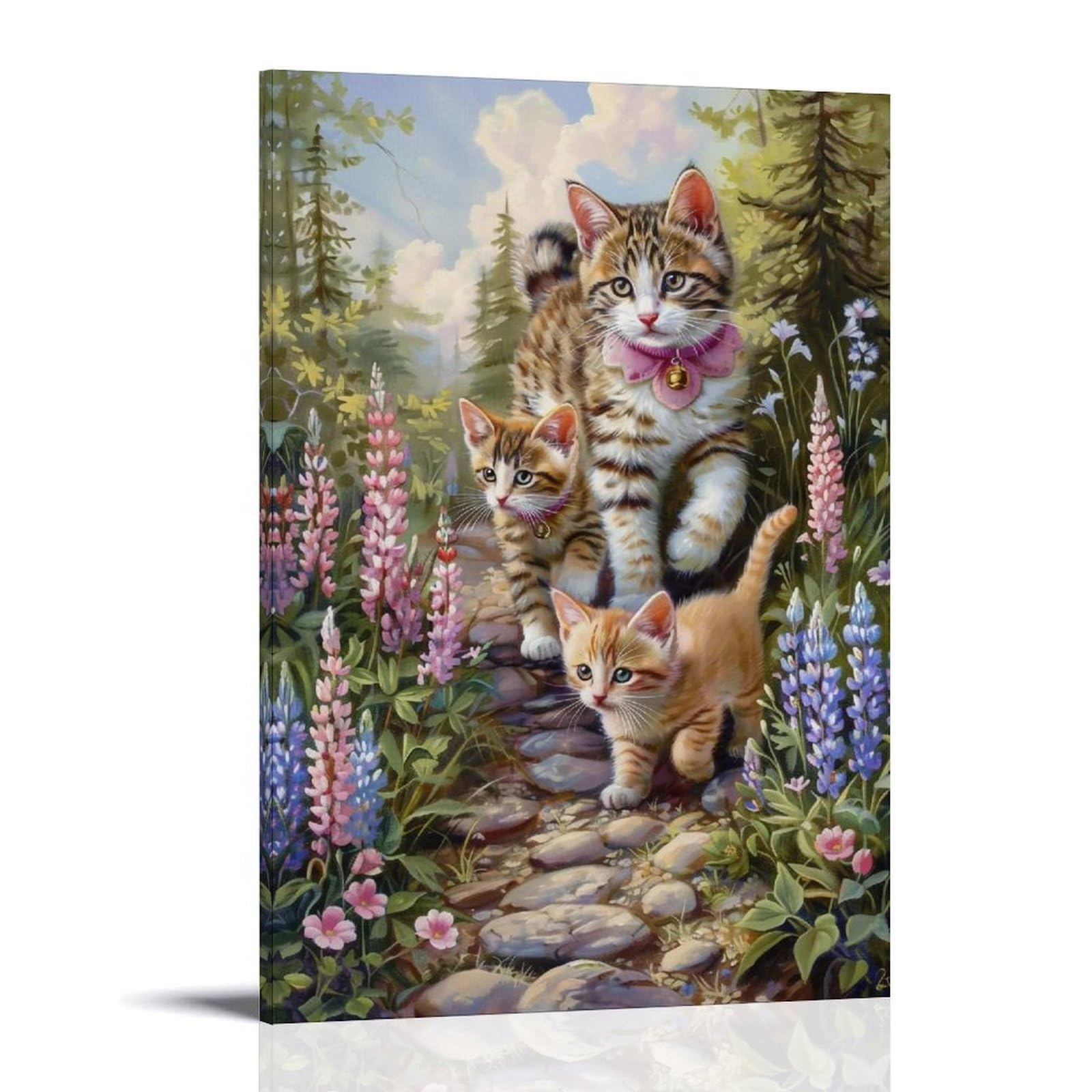 WHOUHJYE Forest Cat Family 02 Poster Wall Art Canvas Vintage Aesthetic Painting Decor for Rooms 24x36inch Frame-style
