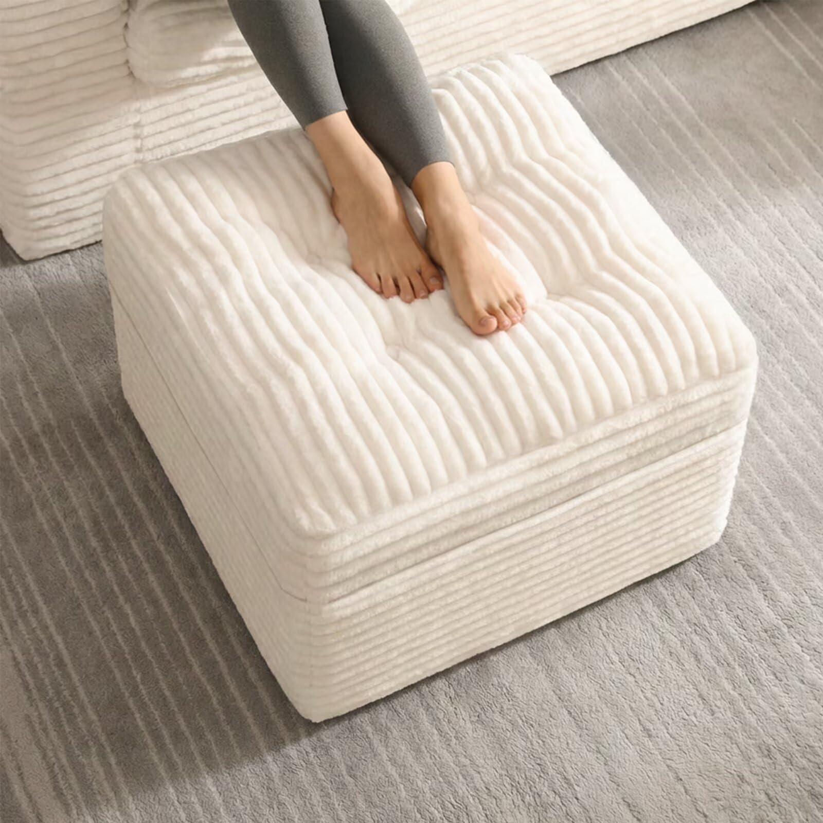 Fabulcozy 23.6in Pouf Ottoman, Corduroy Ottoman Foot Rest with Dual‑Layer Support, Large Poofy Pouf with Soft Chunk‑Foam Top & Firm Foam Base, Floor Foot Stool for Living Room, Beige