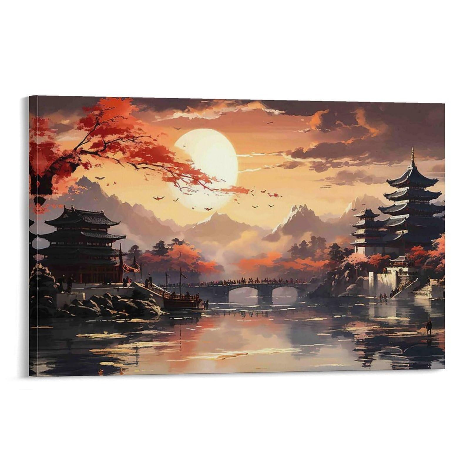 CPLVKWRQJ Ancient Chinese Landscape Individual Japanese Pagoda Sunset Landscape Canvas Wall Art - Office Canvas Print Fade Resistant Wall Focal Art Ready to Hang 12x18inch(30x45cm)
