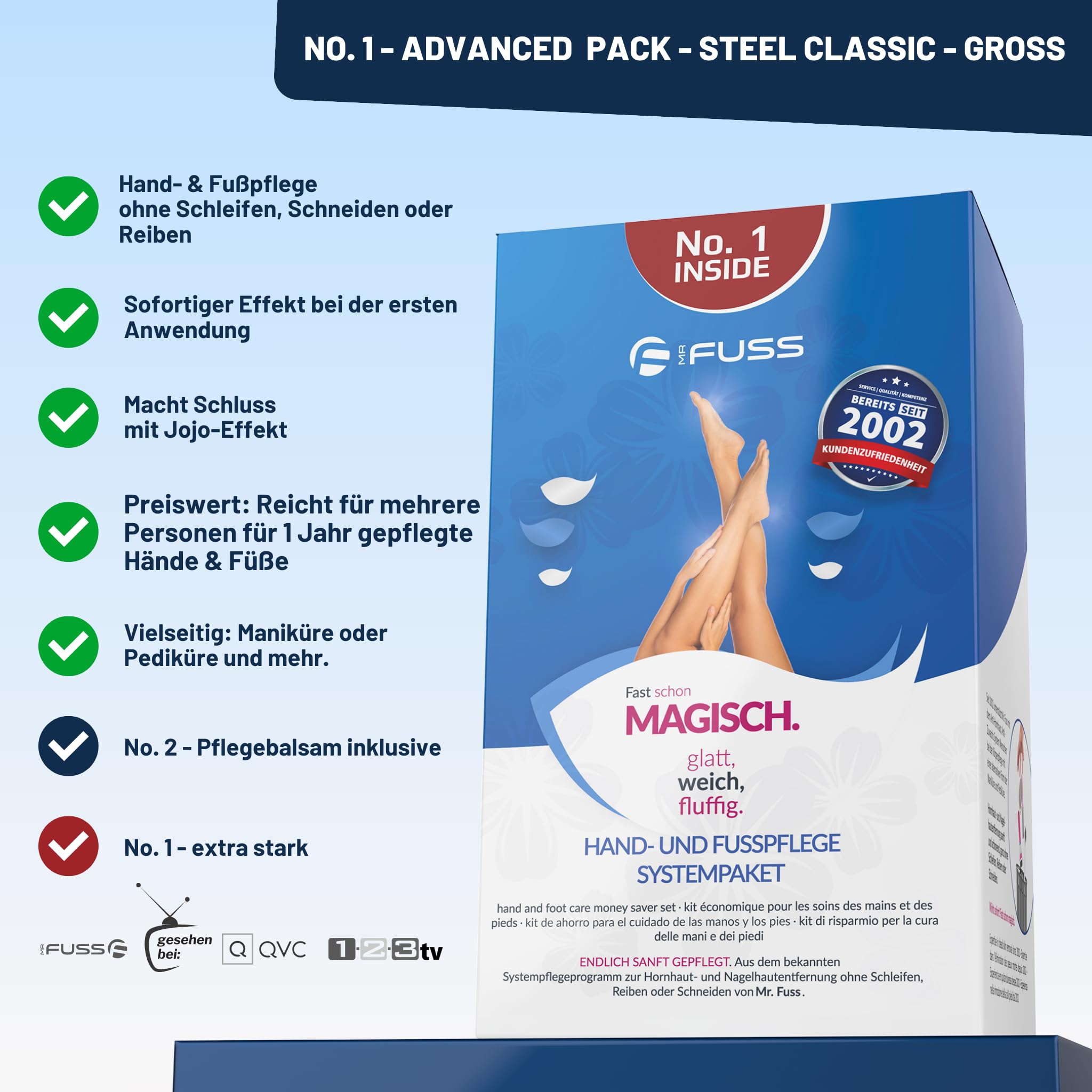 Mr. Fuss® No. 1 - Hornhautentferner Hand- und Fußpflege Set - Advanced Pack - 4 tlg. - Nagelhautentfernung - Schnell & Stark Erweichend Wirkend, Lösung, Balsam, Watte, Instrumente